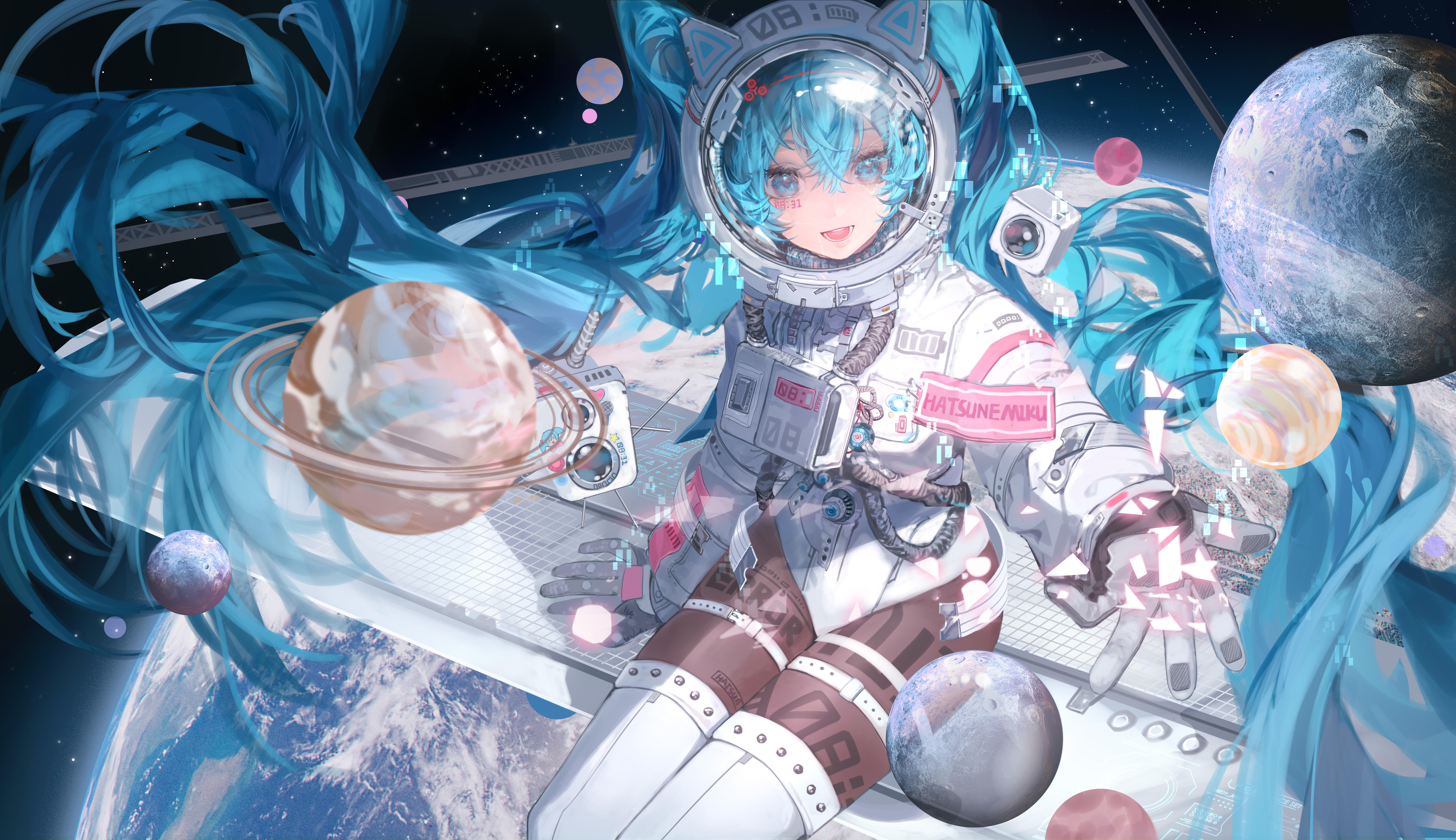 蓝头发 长发 动漫 女孩 初音未来 太空 宇航服 月球 地球 猫耳 壁纸 7796×4500