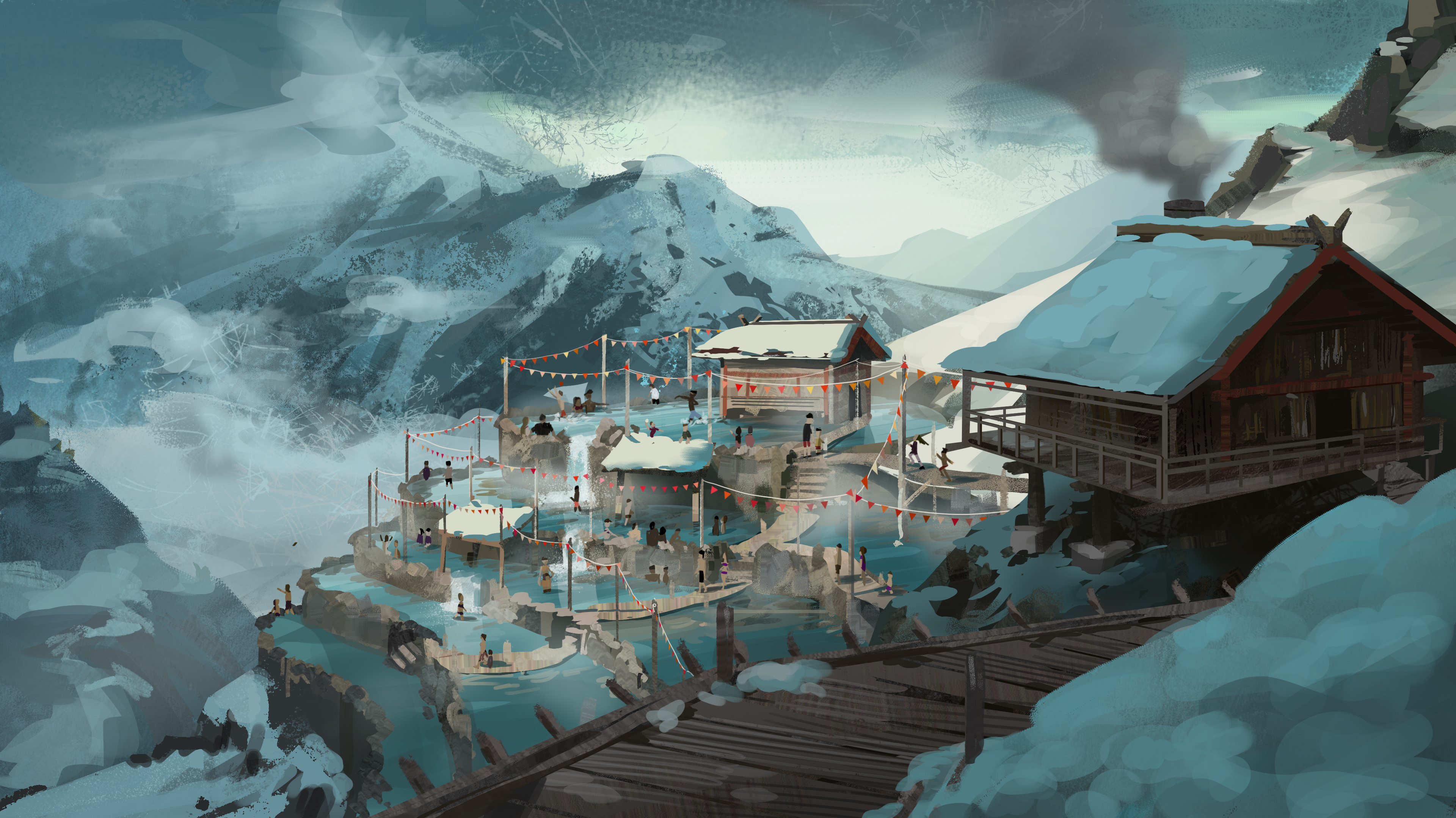 绝美白雪 覆盖 山脉 房屋 烟雾 数字艺术 无水印壁纸 3840×2160
