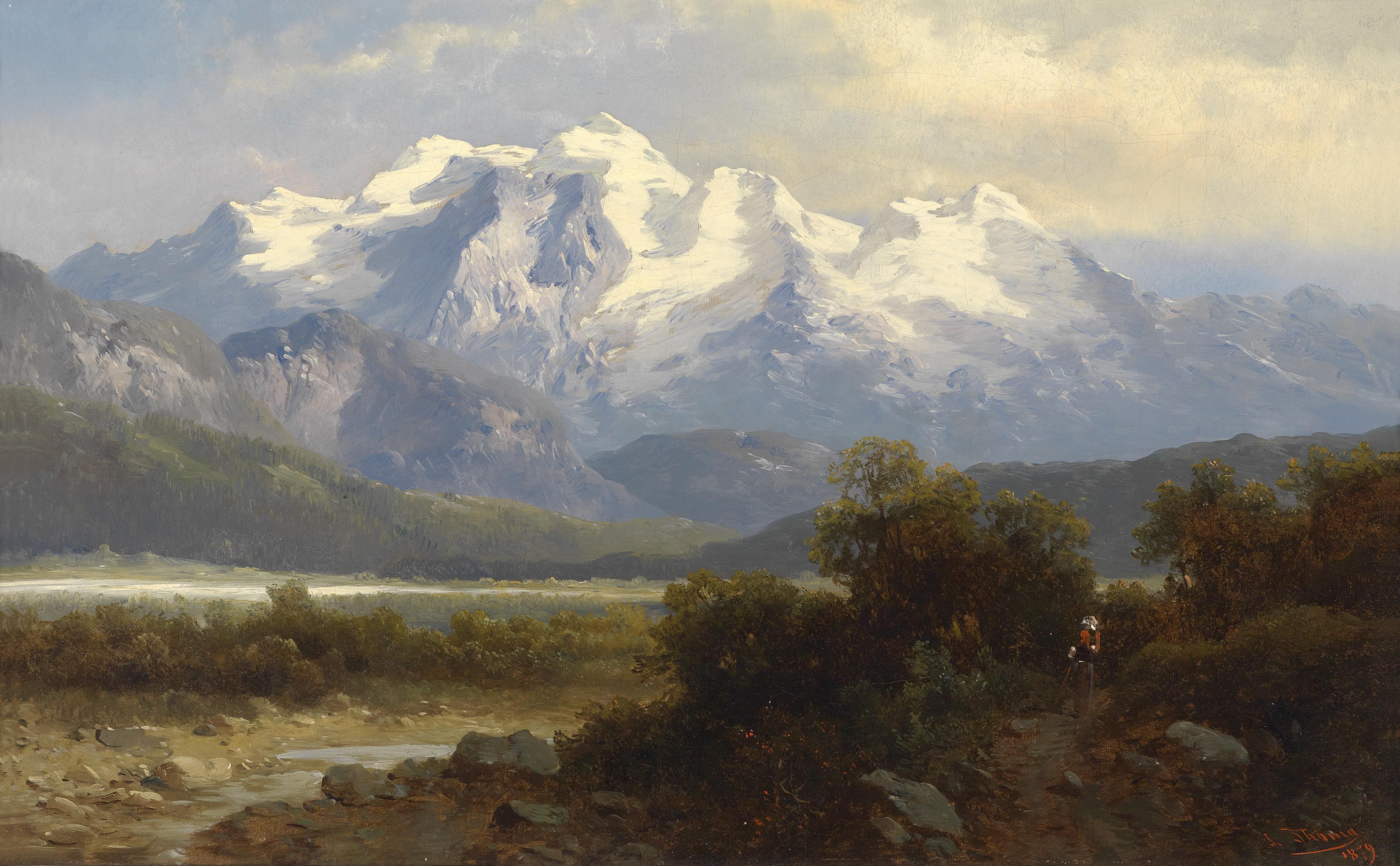 绘画 山脉 树木 湖泊 雪山 自然 风景 壁纸 4573×2828