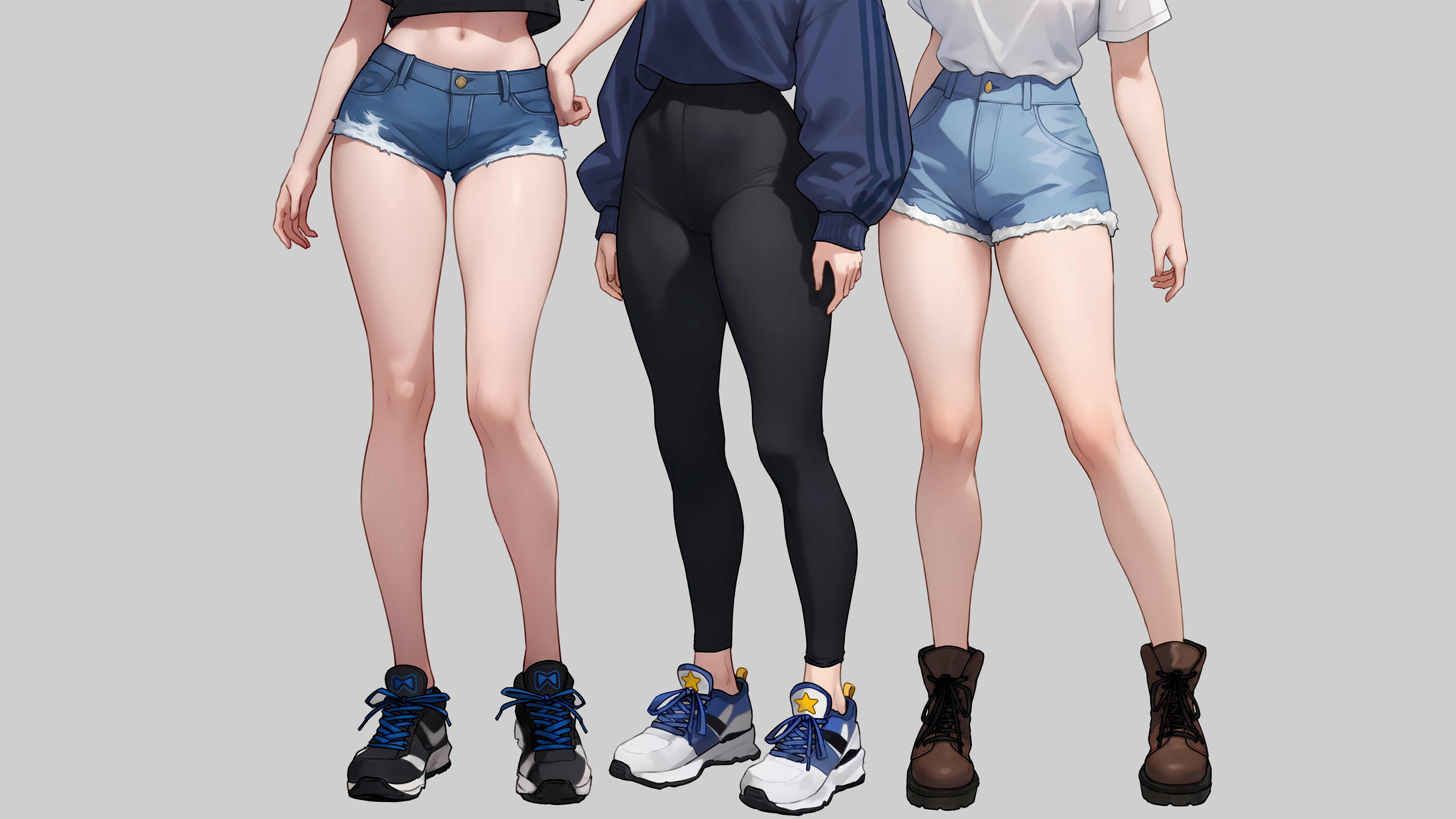 大腿 动漫 女孩 极简主义 简单背景 灰色背景 短裤 牛仔 紧身裤 4K高清壁纸 3840×2160