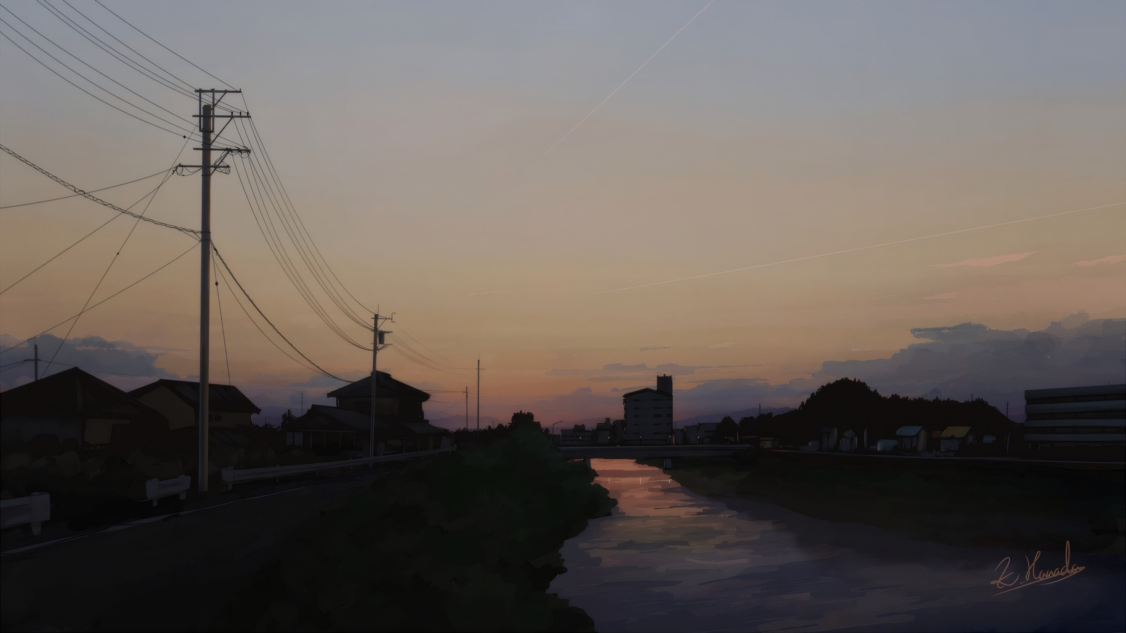 热门黄昏 运河 轨迹 电线杆 云 数字 艺术 艺术品 手机壁纸 3840×2160