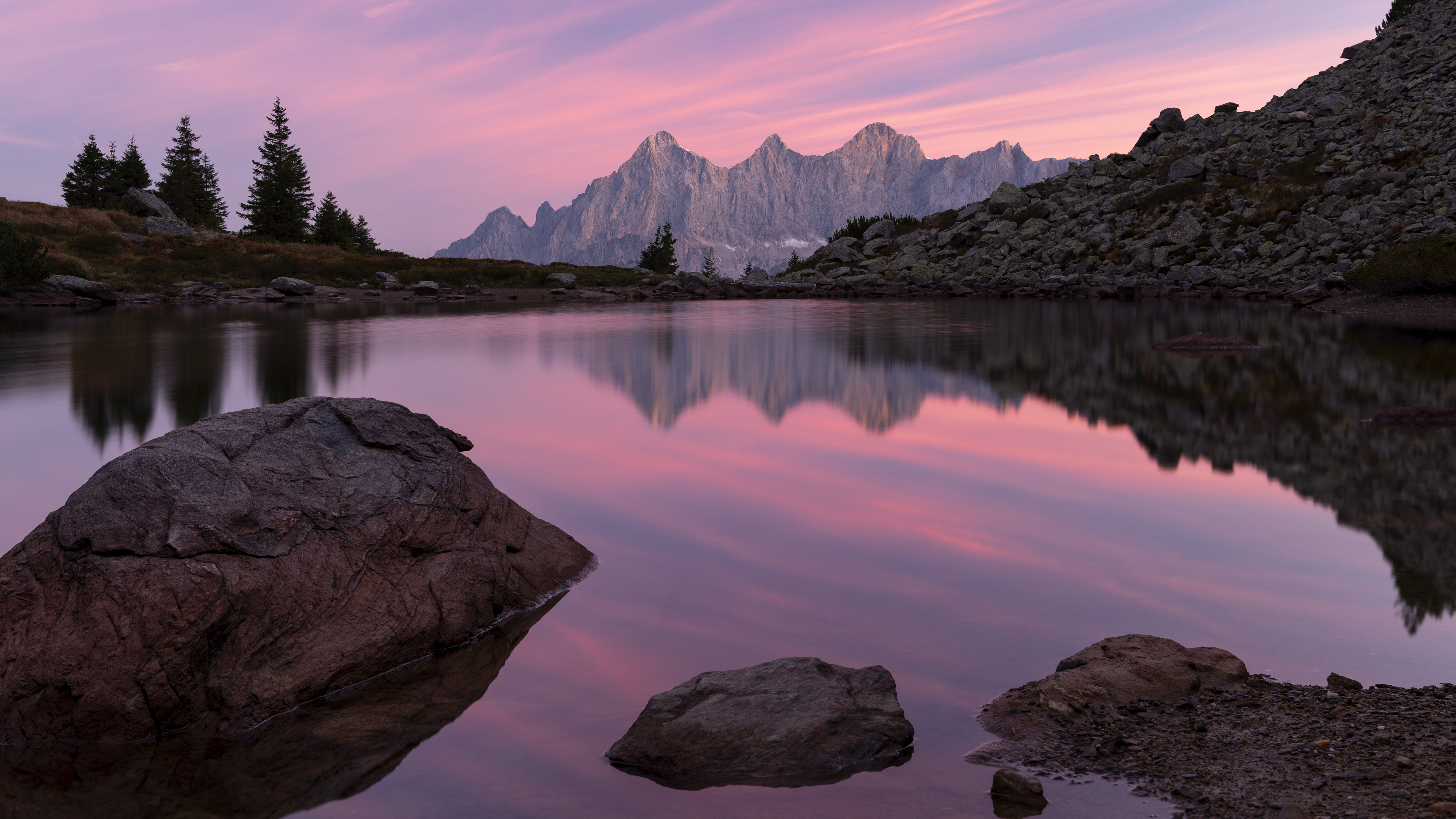 自然 风景 天空 云 山脉 岩石 树木 水 日出 粉红色 4K高清壁纸 5000×2813