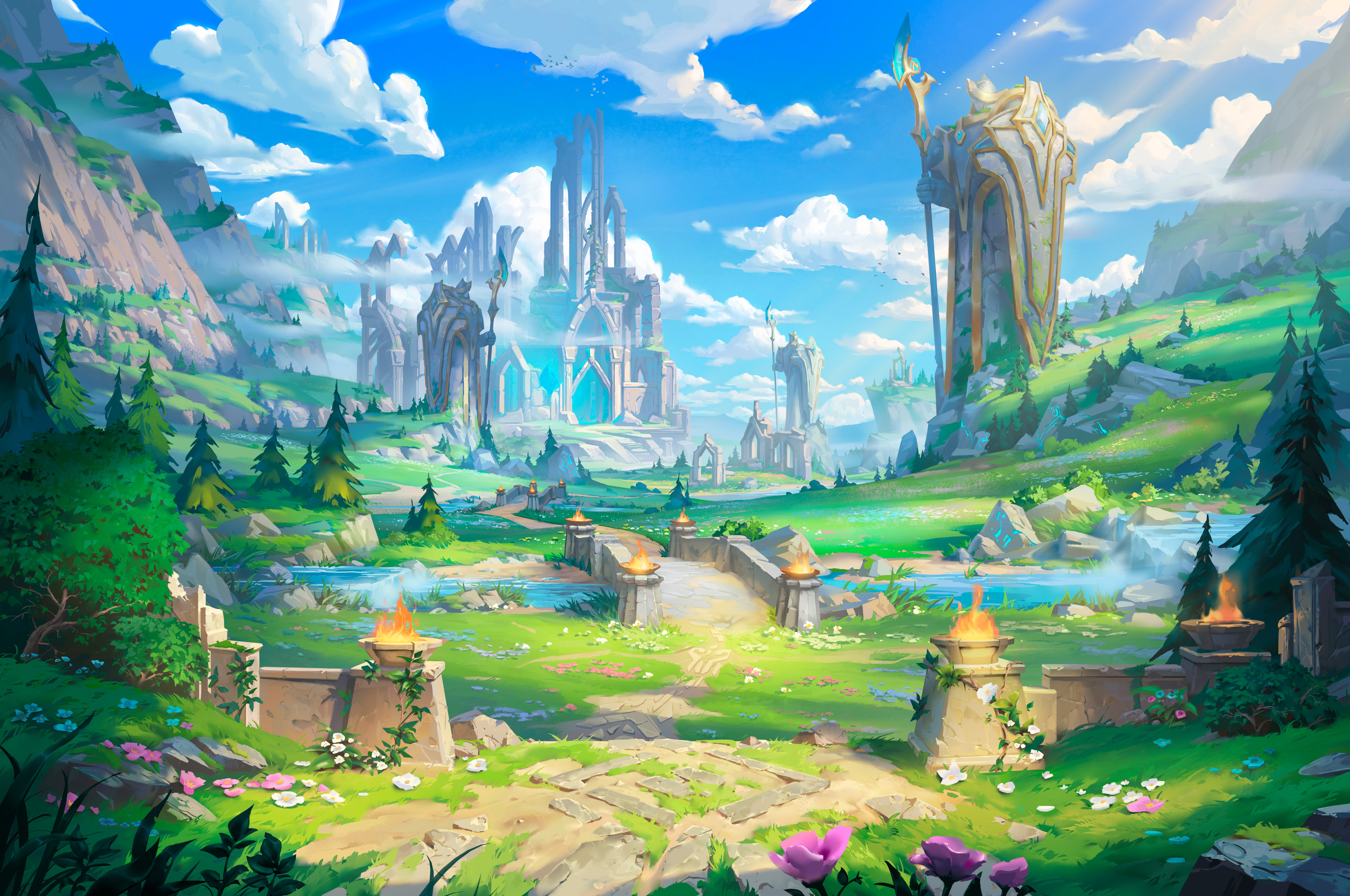 绝美绘画 风景 山脉 盾牌 雕像 奇幻 建筑 桌面壁纸 3840×2550