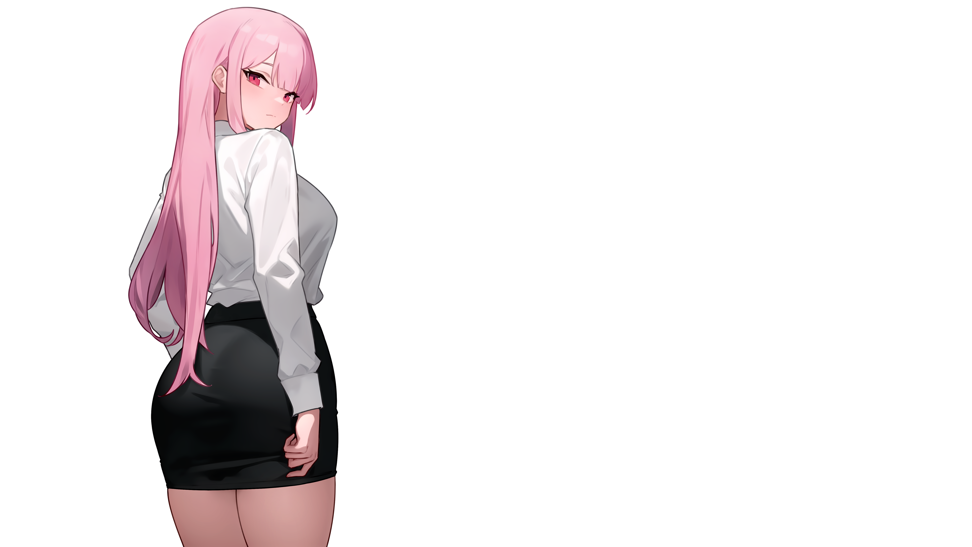粉红色头发 长发 办公室 女孩 曲线 优美 动漫 极简主义 简单背景 白色背景 回顾 铅笔裙 4K高清壁纸 3840×2160