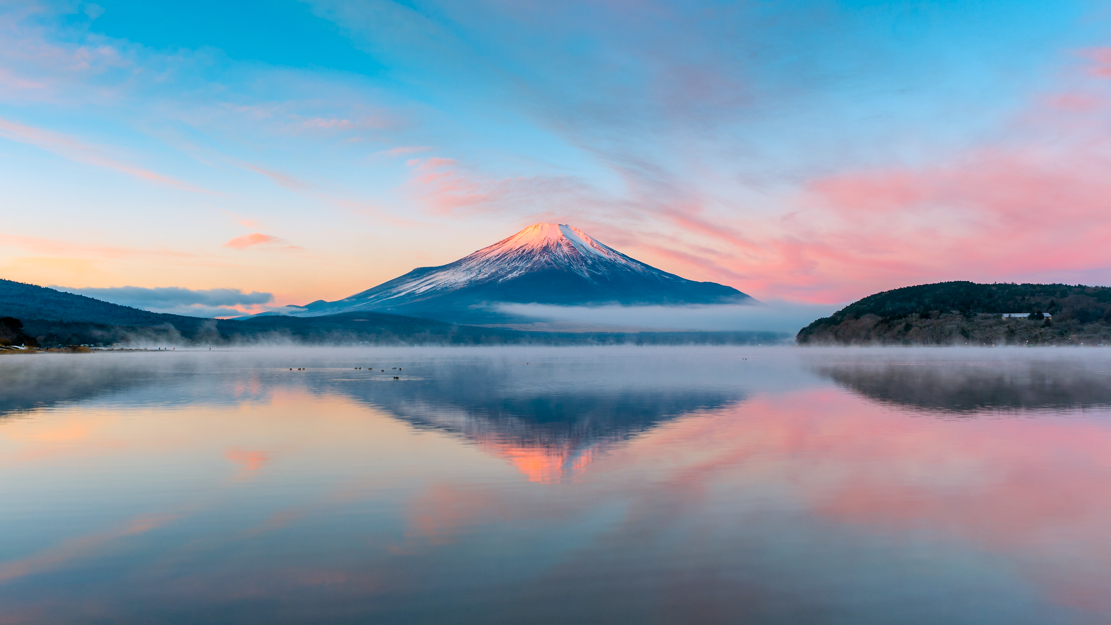 高清自然 风景 树木 云 天空 薄雾 粉色 鸭子 鸟类 早晨 房屋 山脉 湖 桌面壁纸 3840×2160
