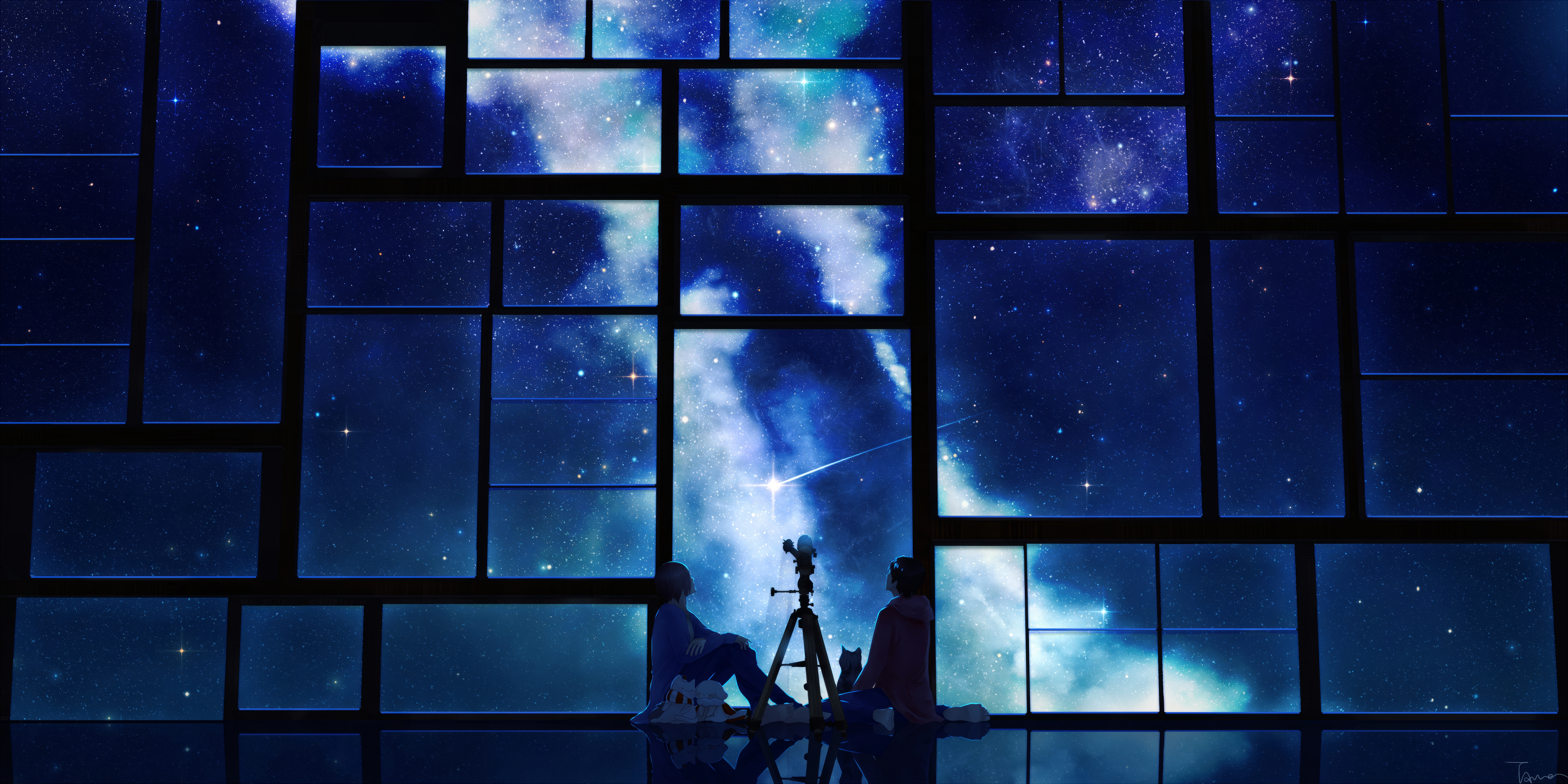 绝美动漫 绘画 空间 夜 星星 蓝色 窗户 望远镜 壁纸 7200×3600