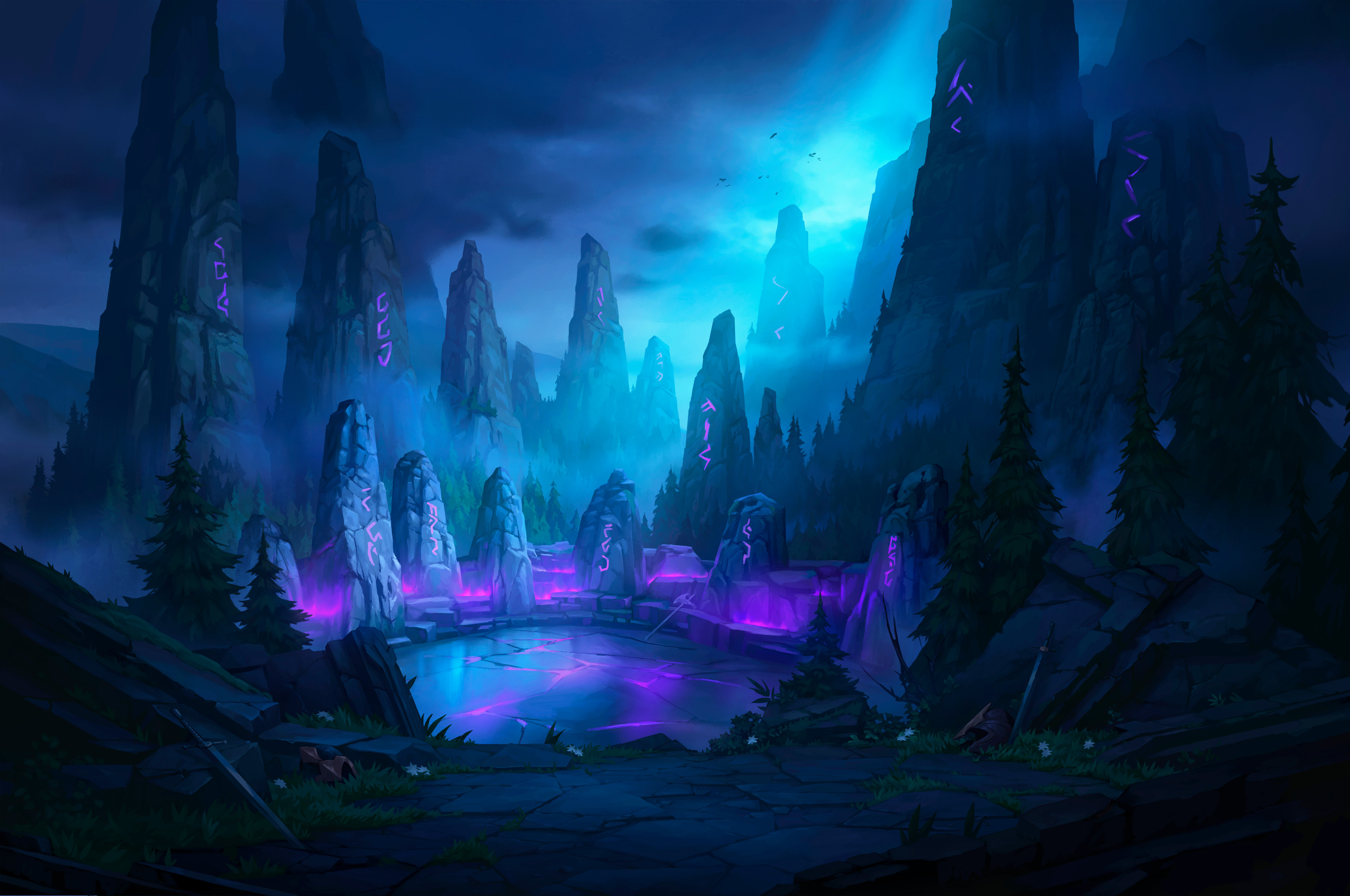 精选绘画 风景 山脉 黑暗夜 符文 石 森林 桌面壁纸 3840×2550