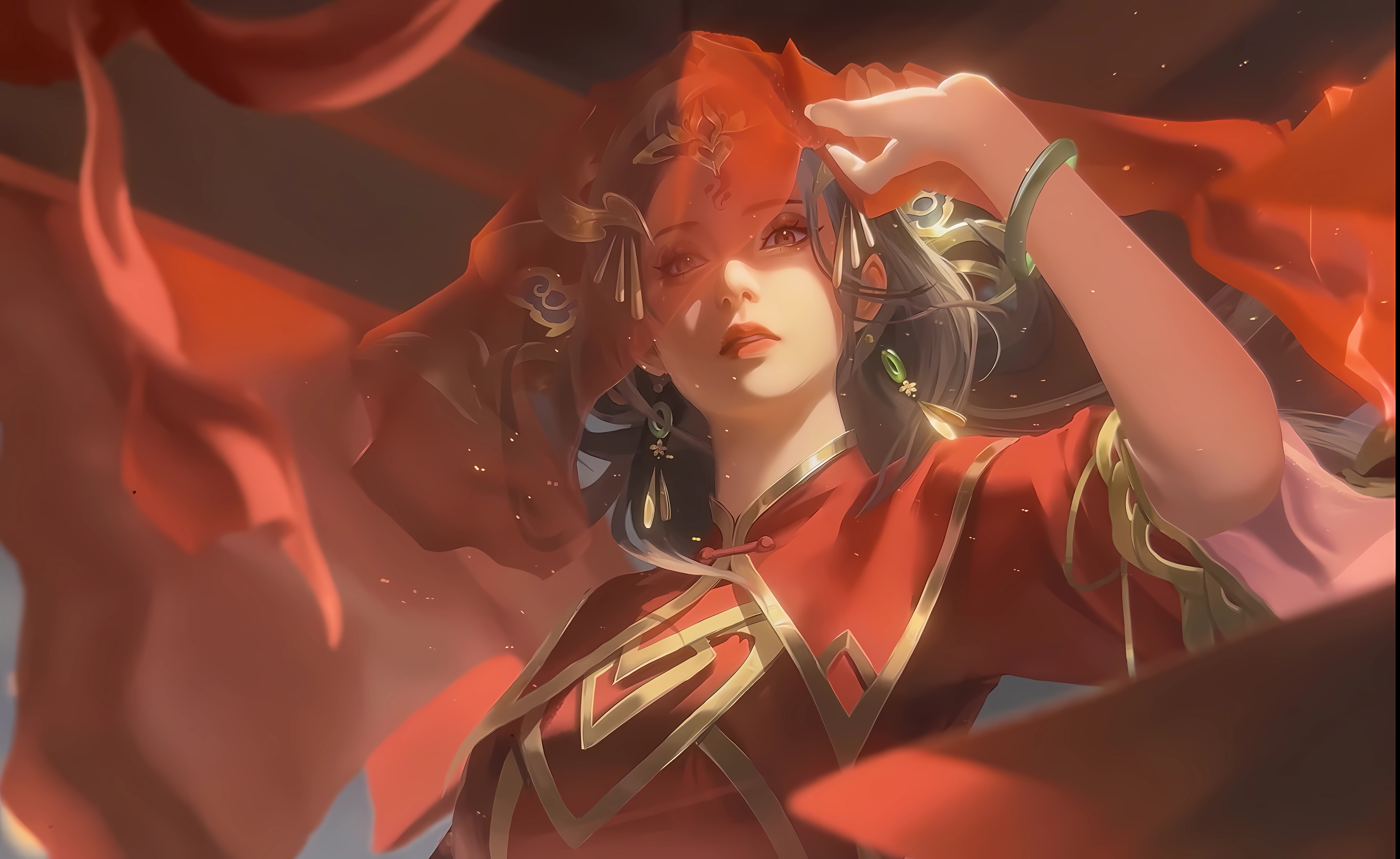 经典长发 黑发 女性 汉服 古风 红色 手镯 耳环 数字艺术 阳光 壁纸 7624×4680