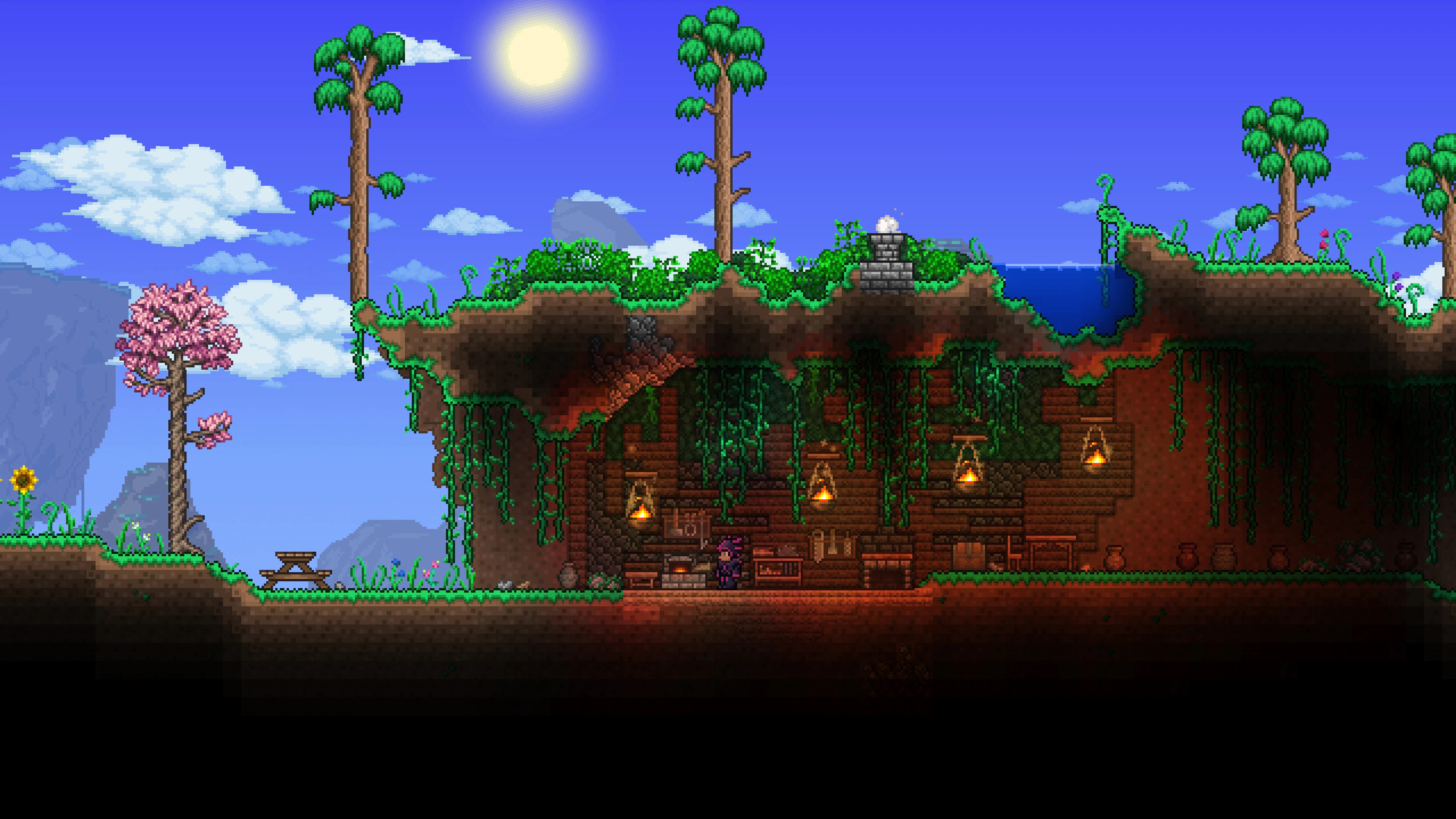 唯美Terraria 艺术 天空 云 树 草 手机壁纸 3840×2160