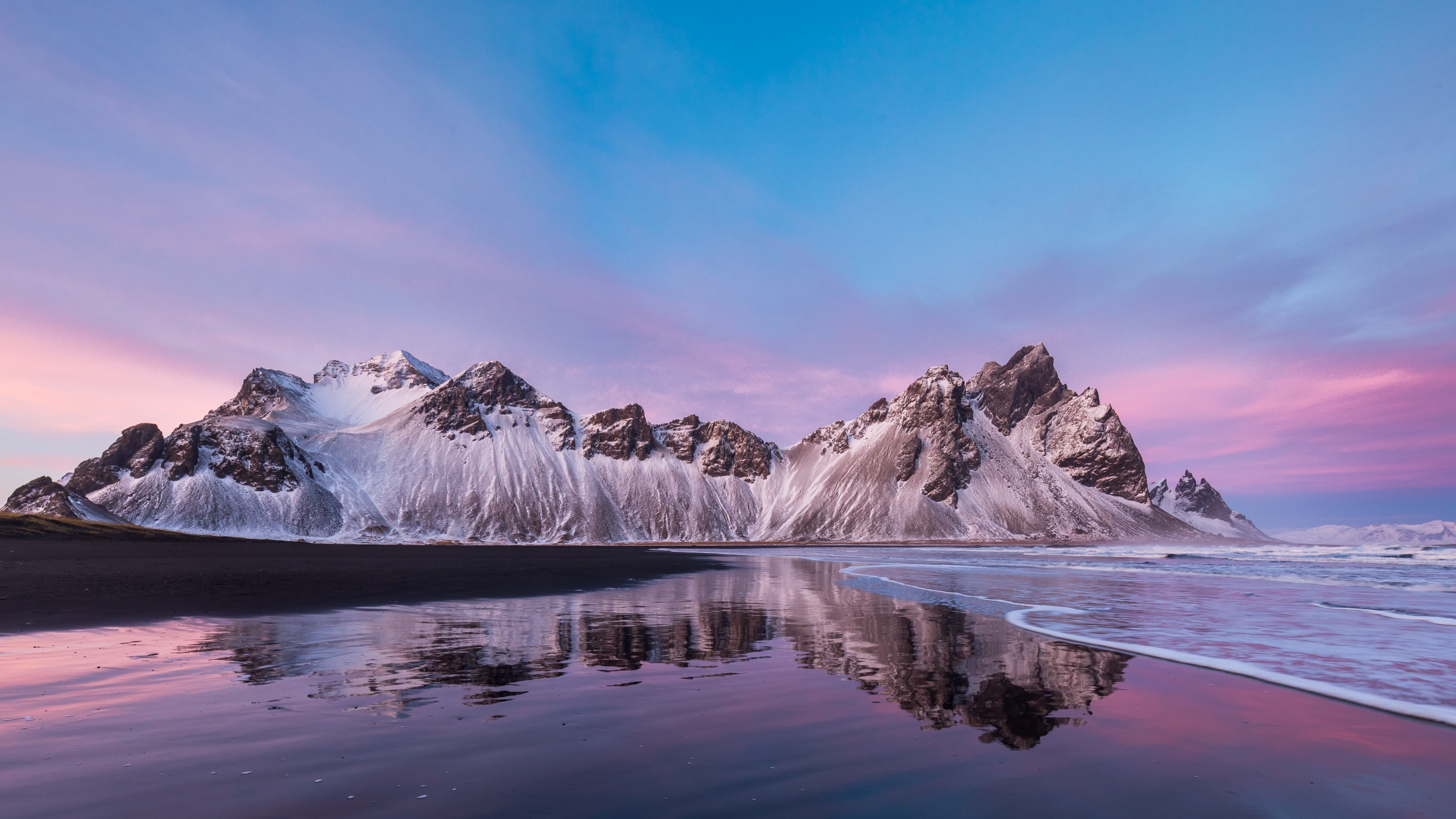 精选自然 风景 山脉 雪 云 天空 黑沙 波浪 水 高清壁纸 3840×2160