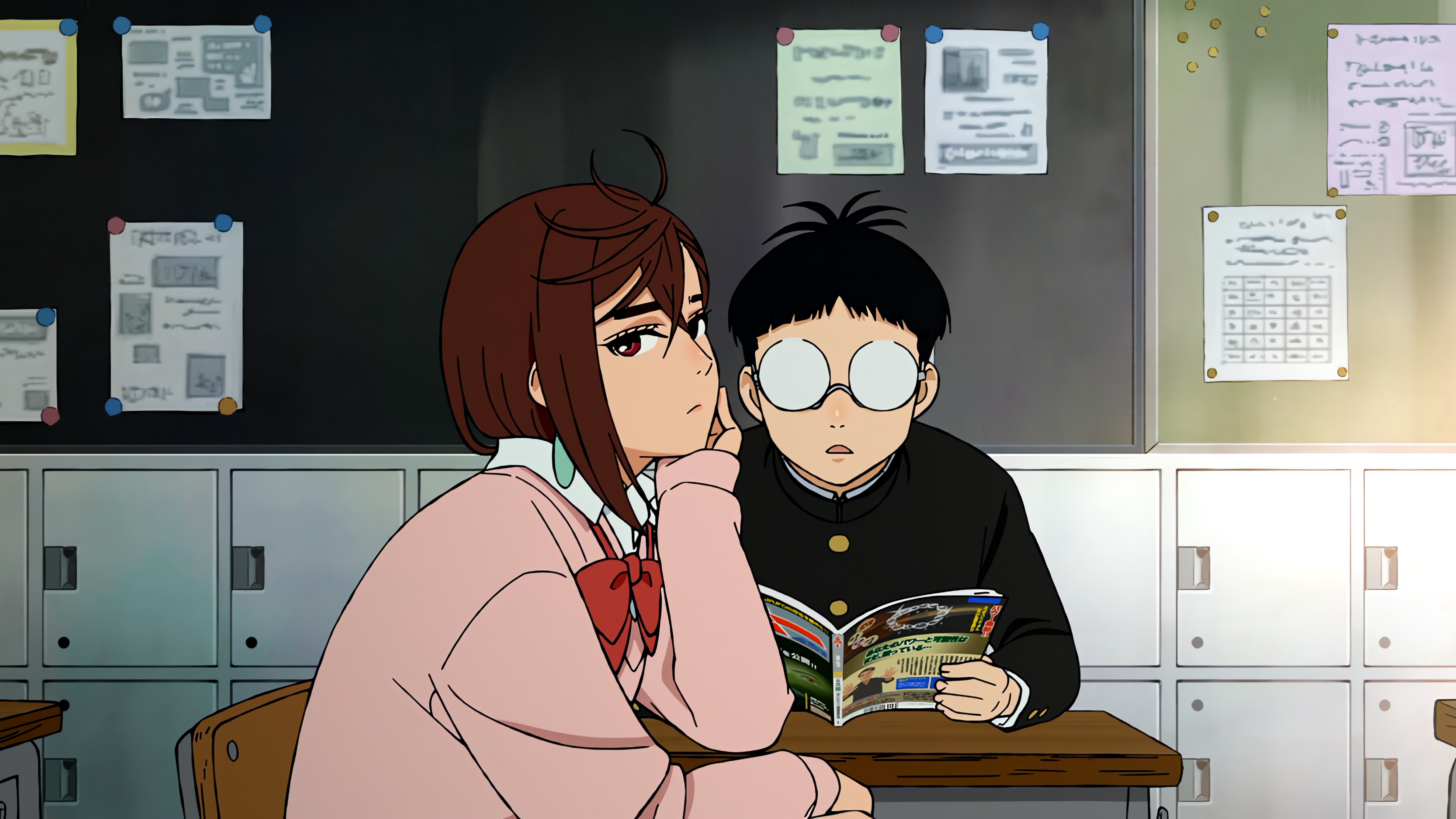 男孩 动漫 女孩 教室 眼镜 书 书桌 上学 同学 壁纸 4788×2694