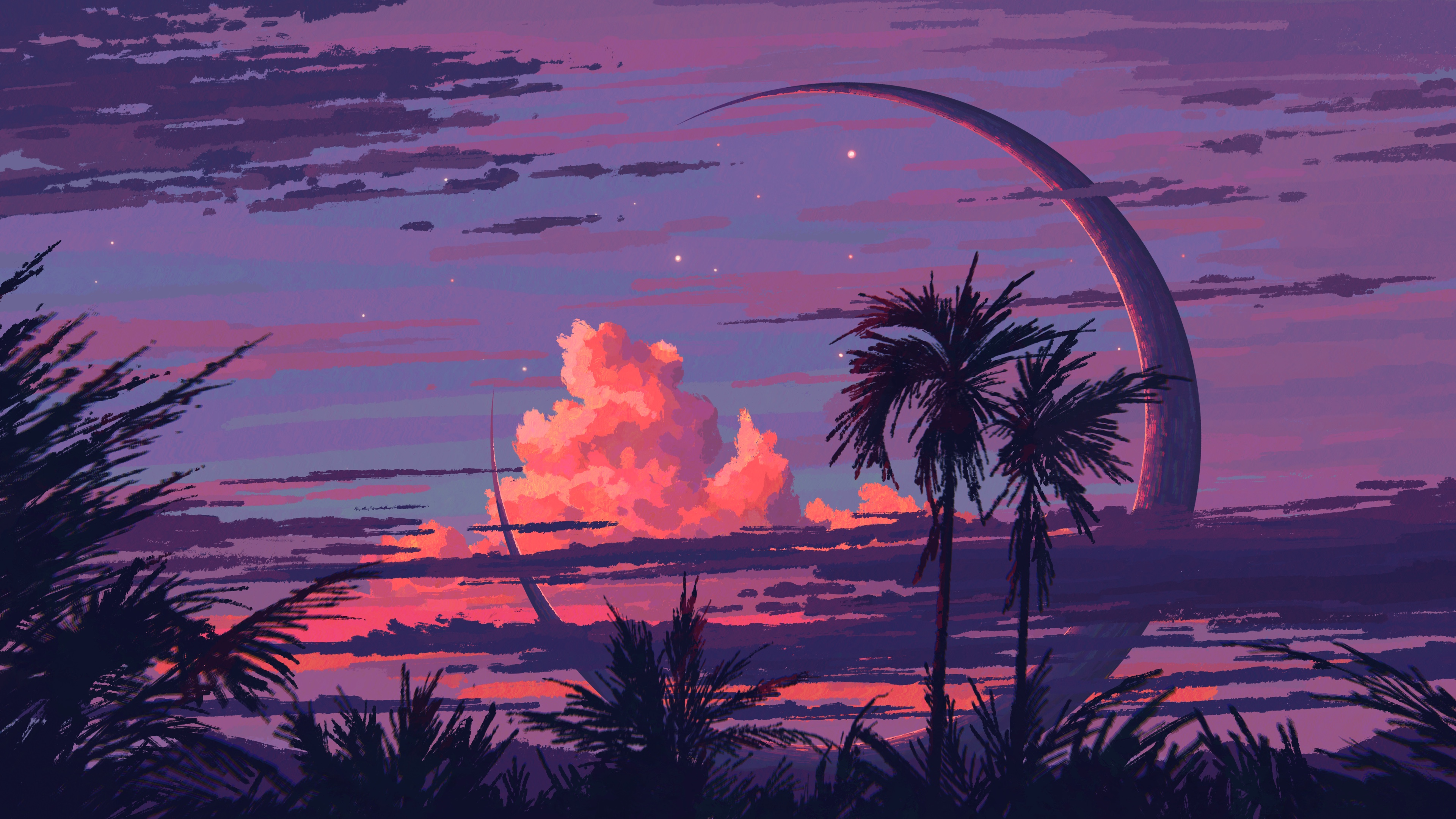 数字艺术 艺术品 插图 数字 绘画 风景 云 月亮 棕榈树 日落 星星 壁纸 3840×2160