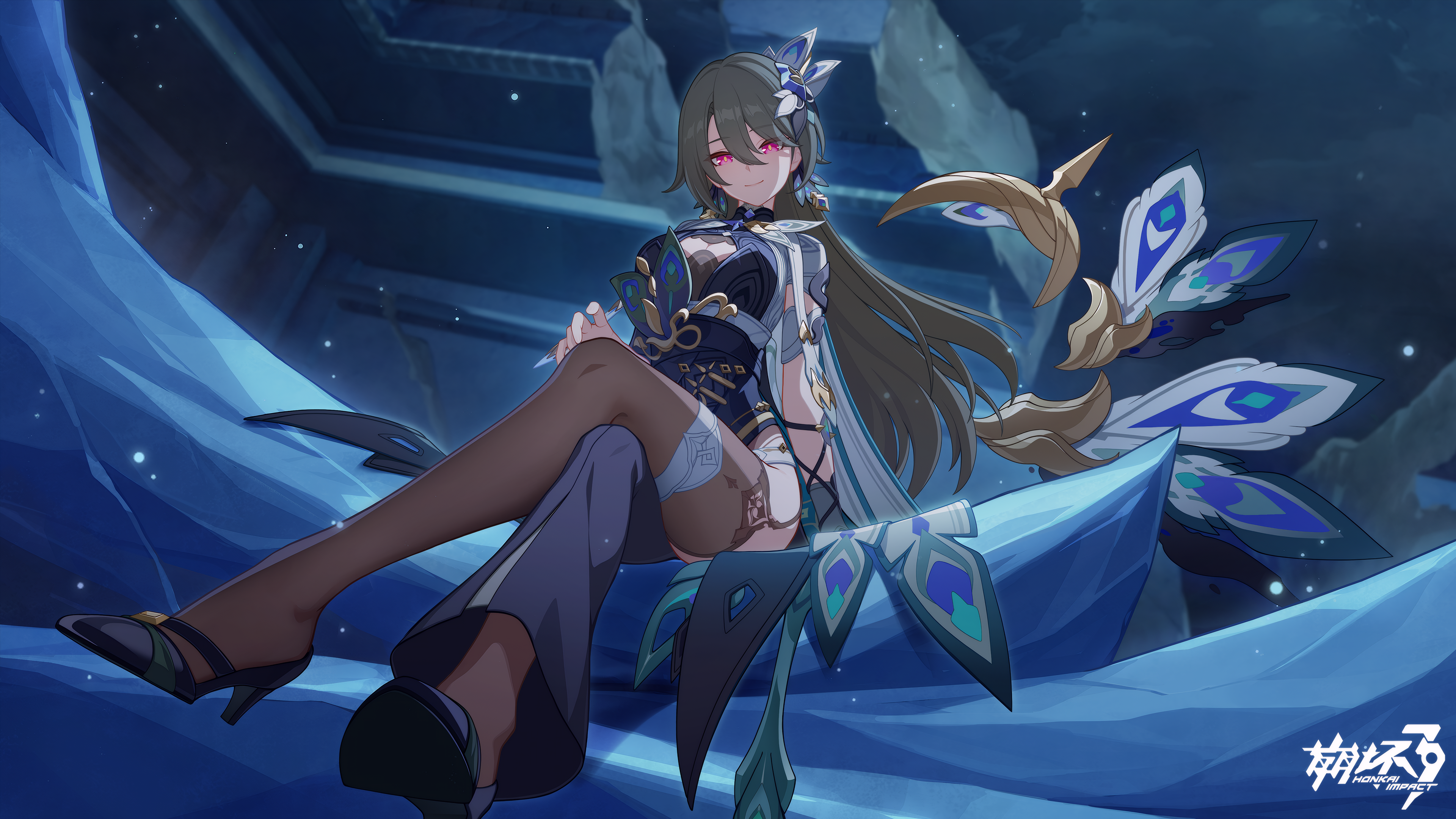 红眼睛 本岛 动漫 女孩 蓝色衣服 连衣裙 头花 夜晚 4K高清壁纸 3840×2160