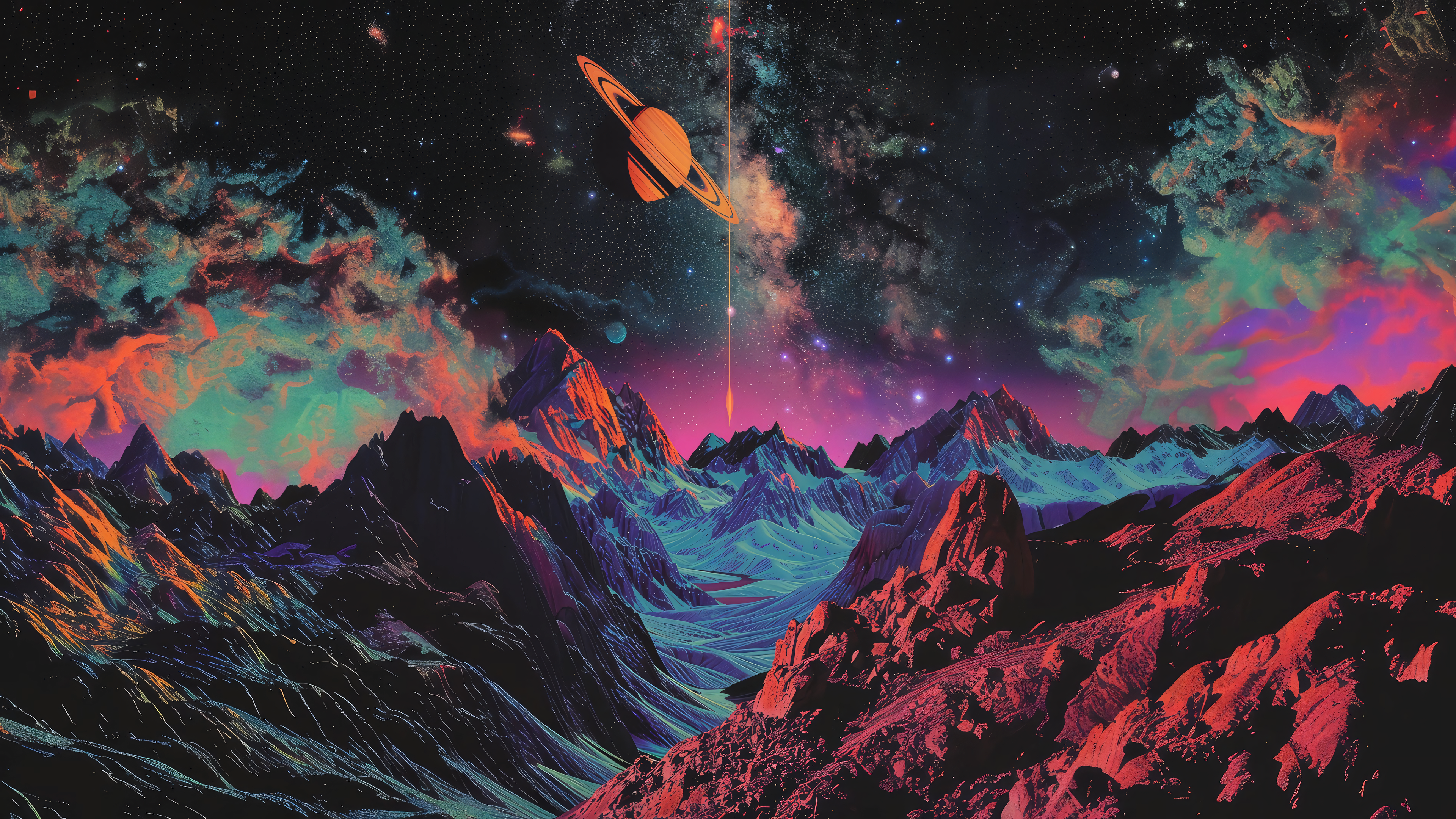 山脉 丰富 多彩 数字 艺术 土星 空间 天空 星星 幻想 黑暗 风景 自然 云 河流 宇宙 灯光 4K高清壁纸 3840×2160