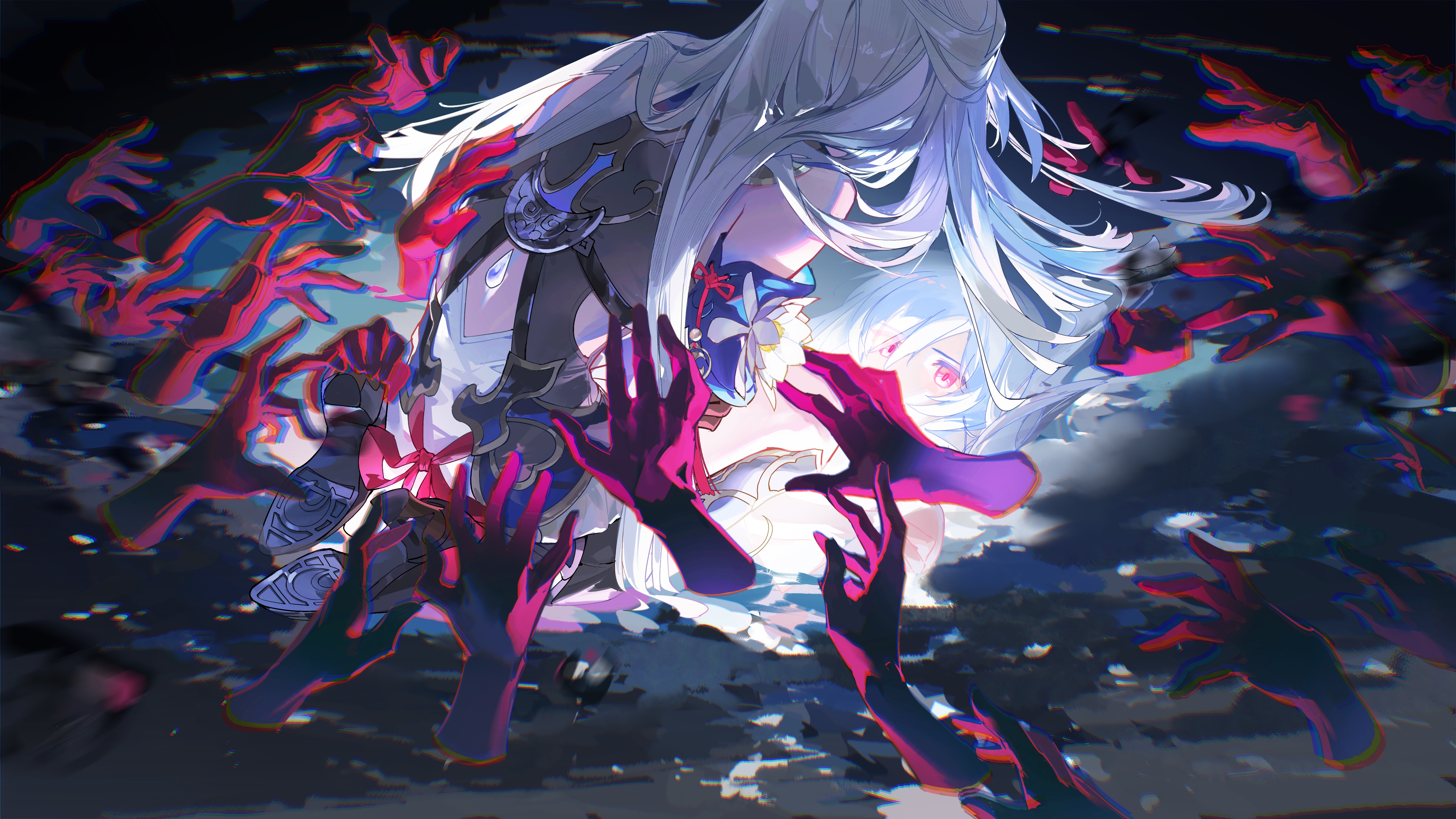 手 红眼 白发 长发 动漫 女孩 本岛 星铁 倒影 水 壁纸 4800×2700