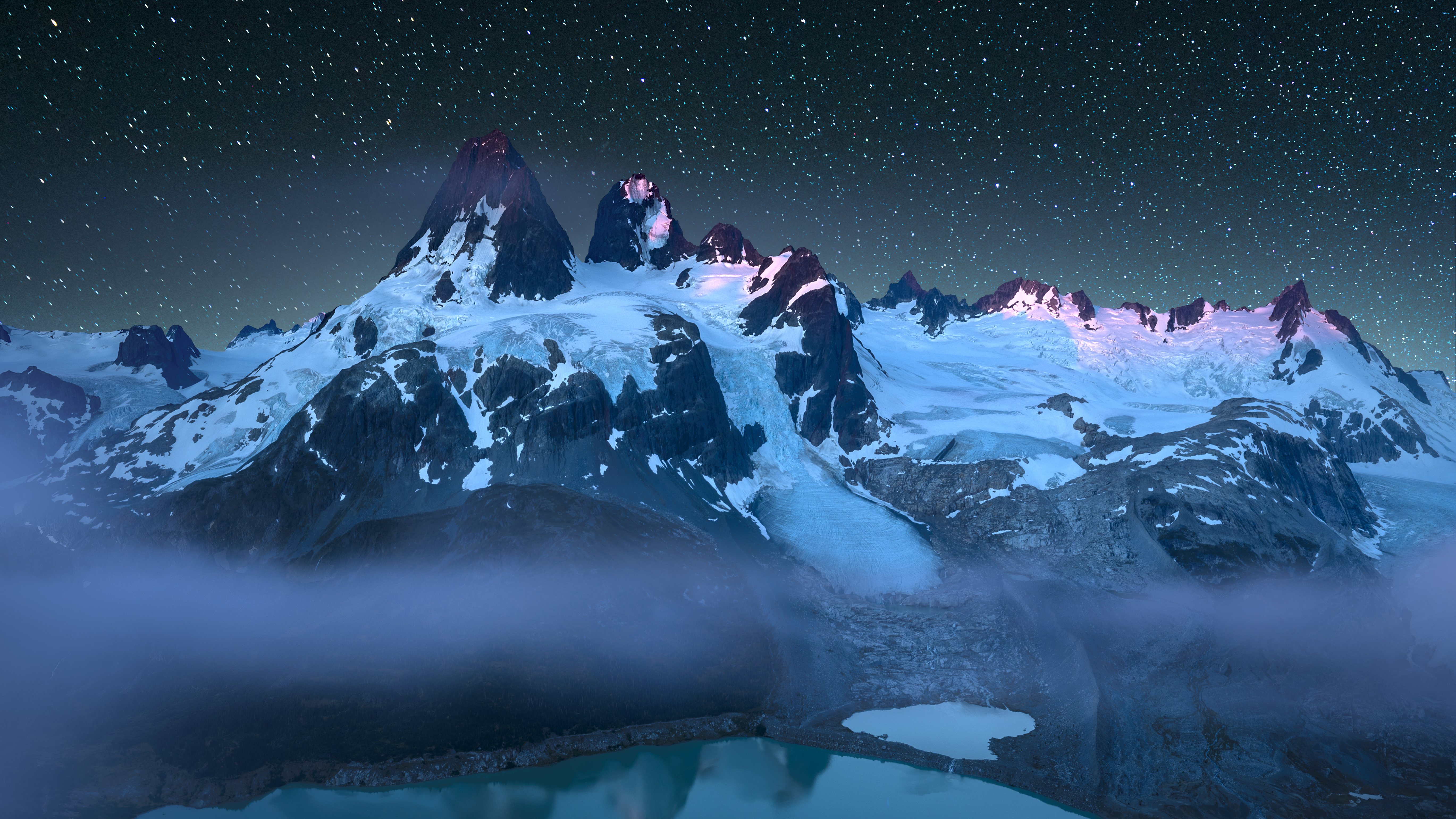 摄影 风景 自然 夜 山 雾 天空 星星 星空 雪 湖水 环境 雪山 山顶 繁星 银河 壁纸 5478×3081