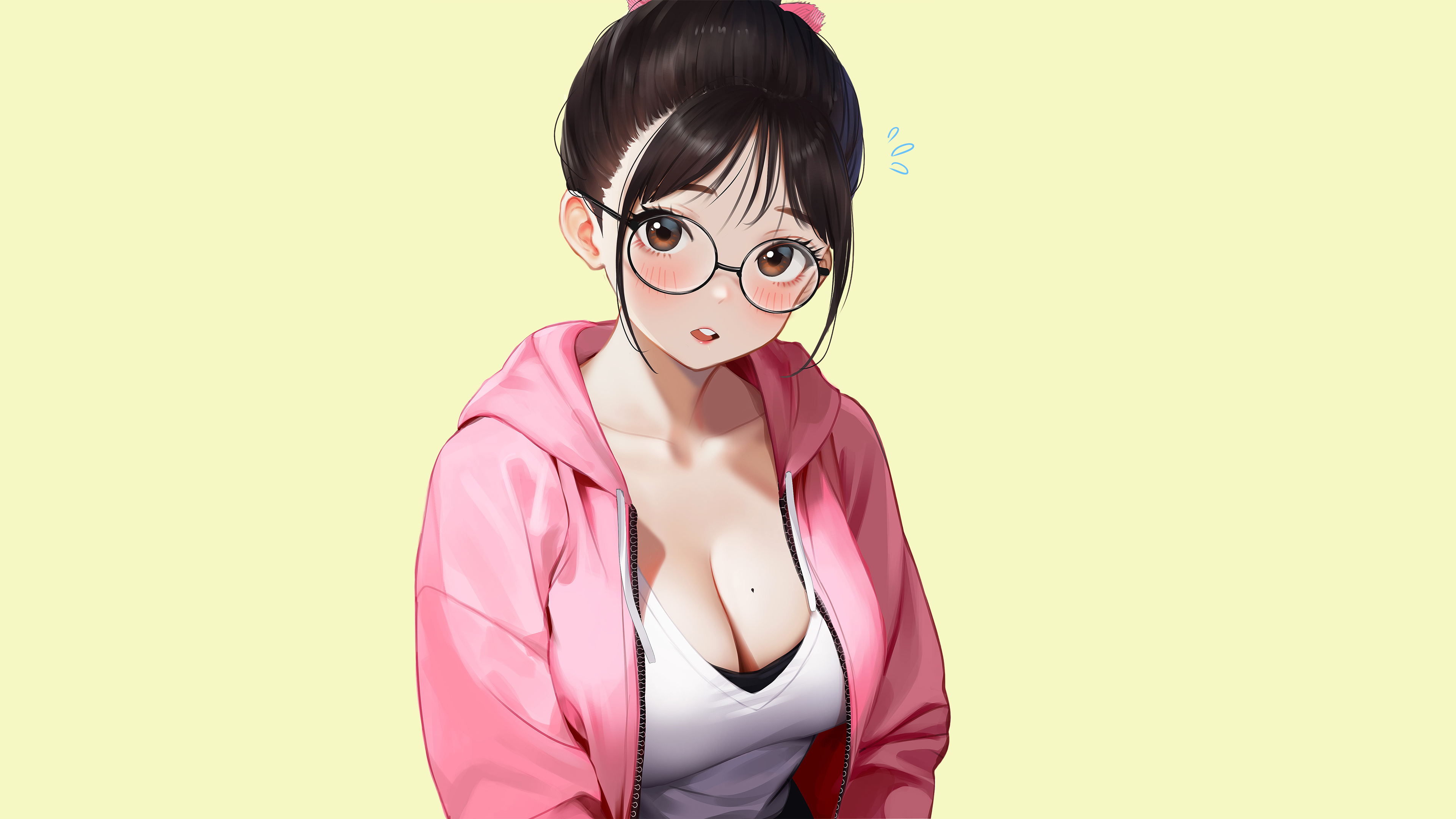 绝美马尾辫 动漫 女孩 简单 背景 脸红 眼镜 部 桌面壁纸 3840×2160