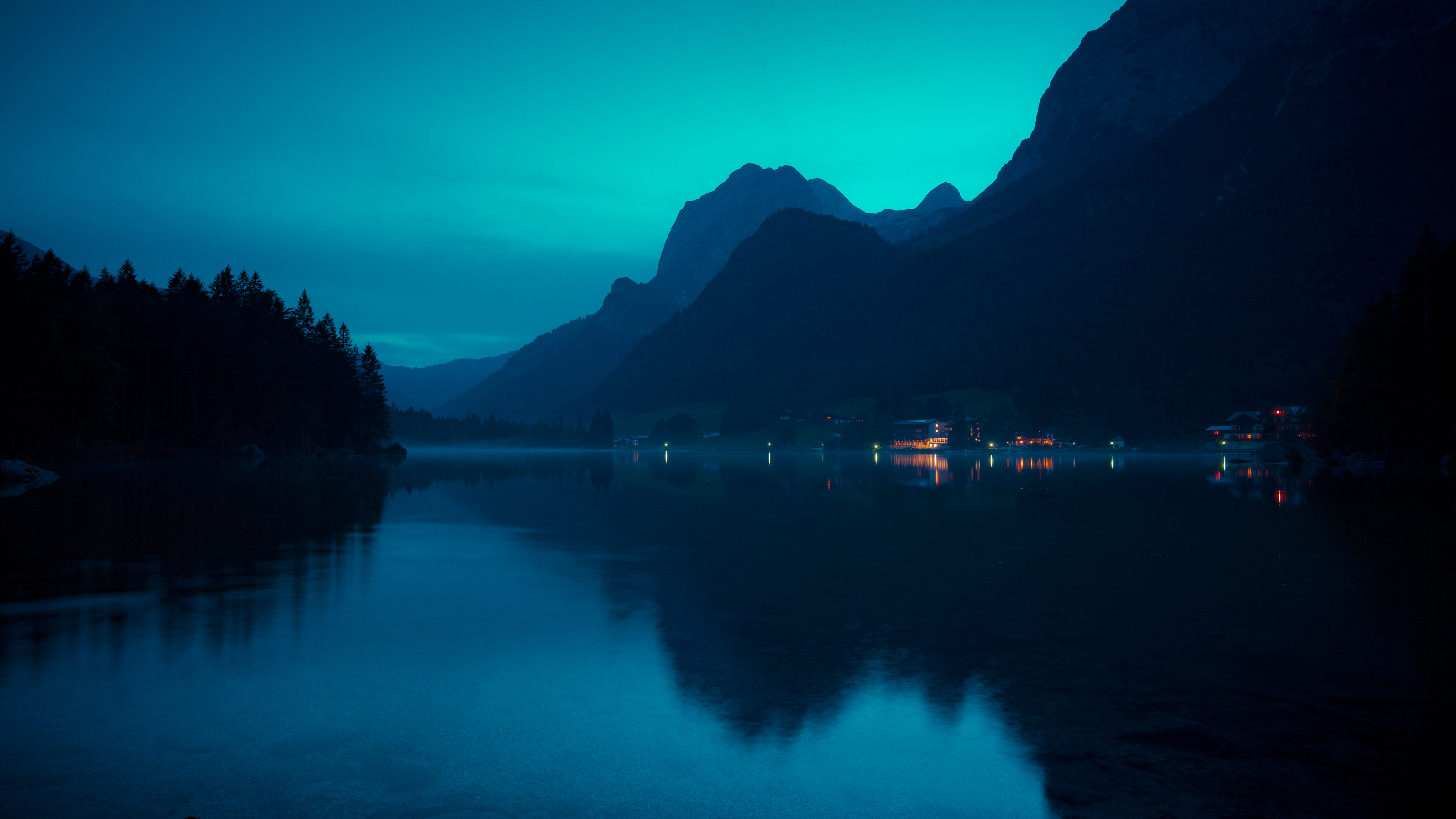 自然 景观 山脉 云 房屋 灯光 水 湖泊 雾 湖 壁纸 5120×2880
