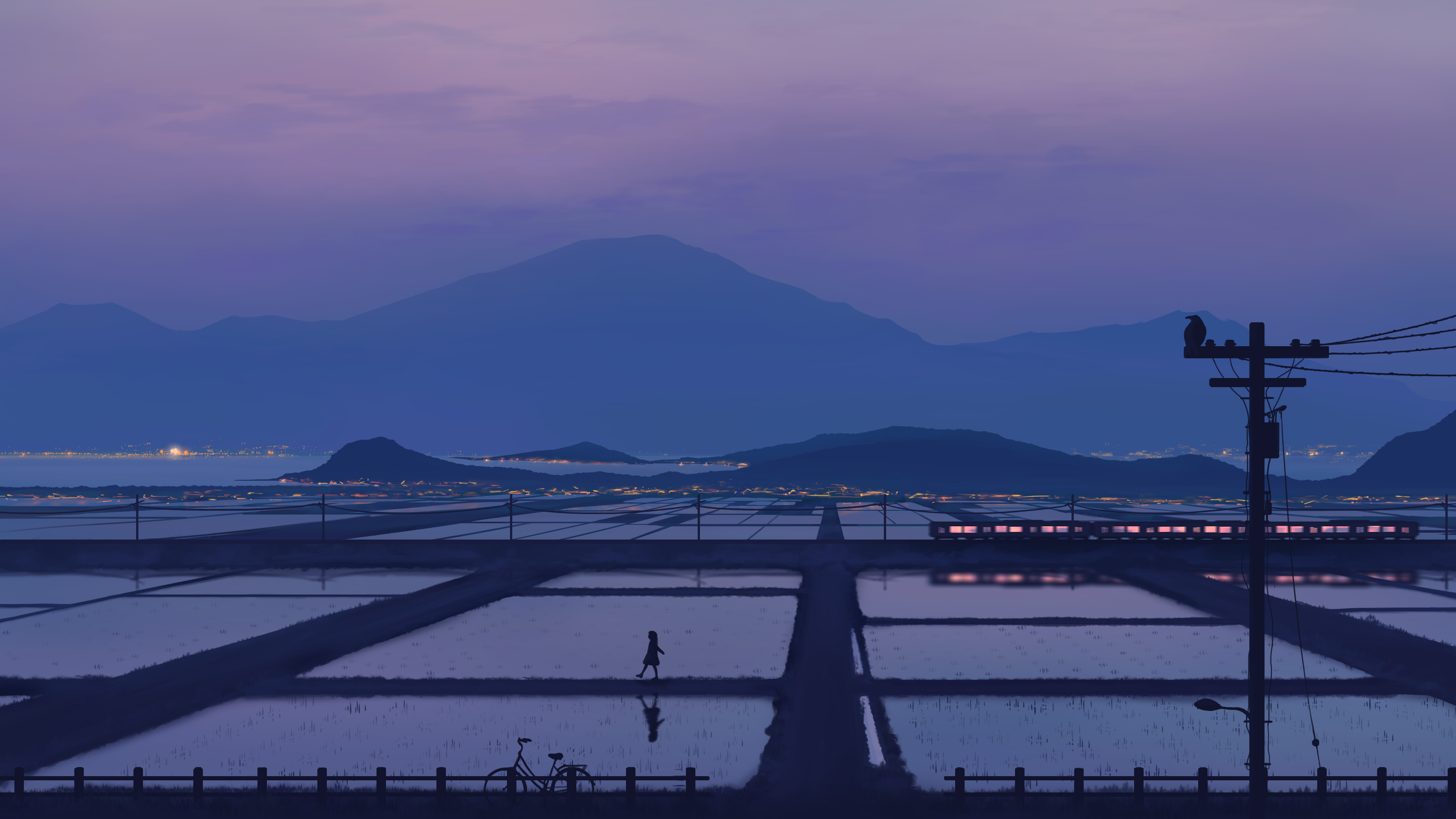 超清数字艺术 插图 绘画 风景 自然 山脉 电线杆 稻田 火车 倒影 蓝色 壁纸 3840×2160