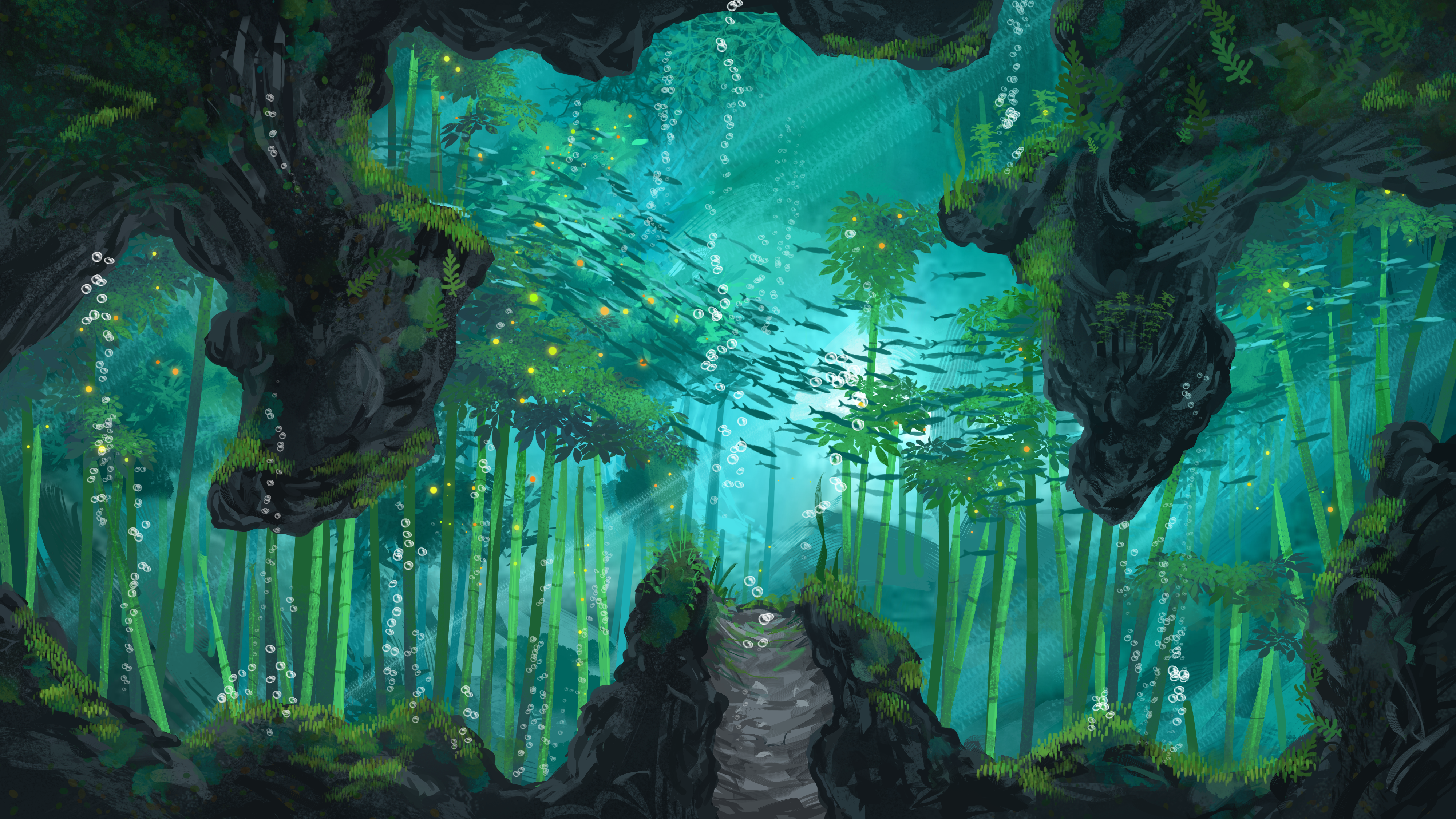 热门概念艺术 水下 竹子 岩石 鱼群 深海 泡沫 数字艺术 场景 场景设计 壁纸 4000×2250