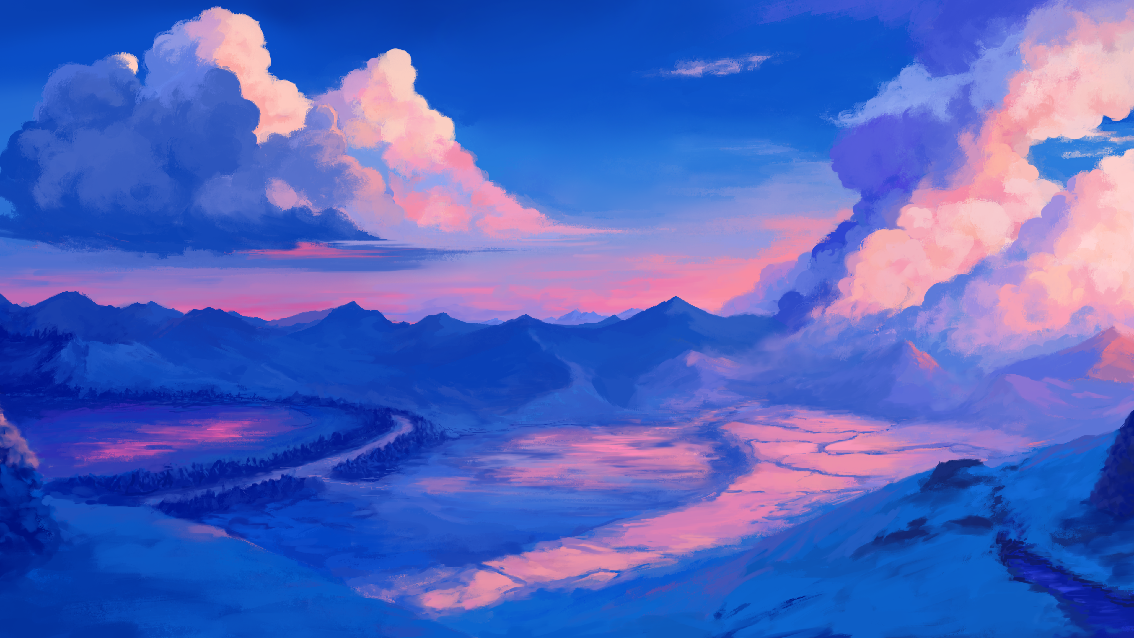 数字艺术 插图 数字绘画 风景 自然 蓝色 云山 手机壁纸 3840×2160