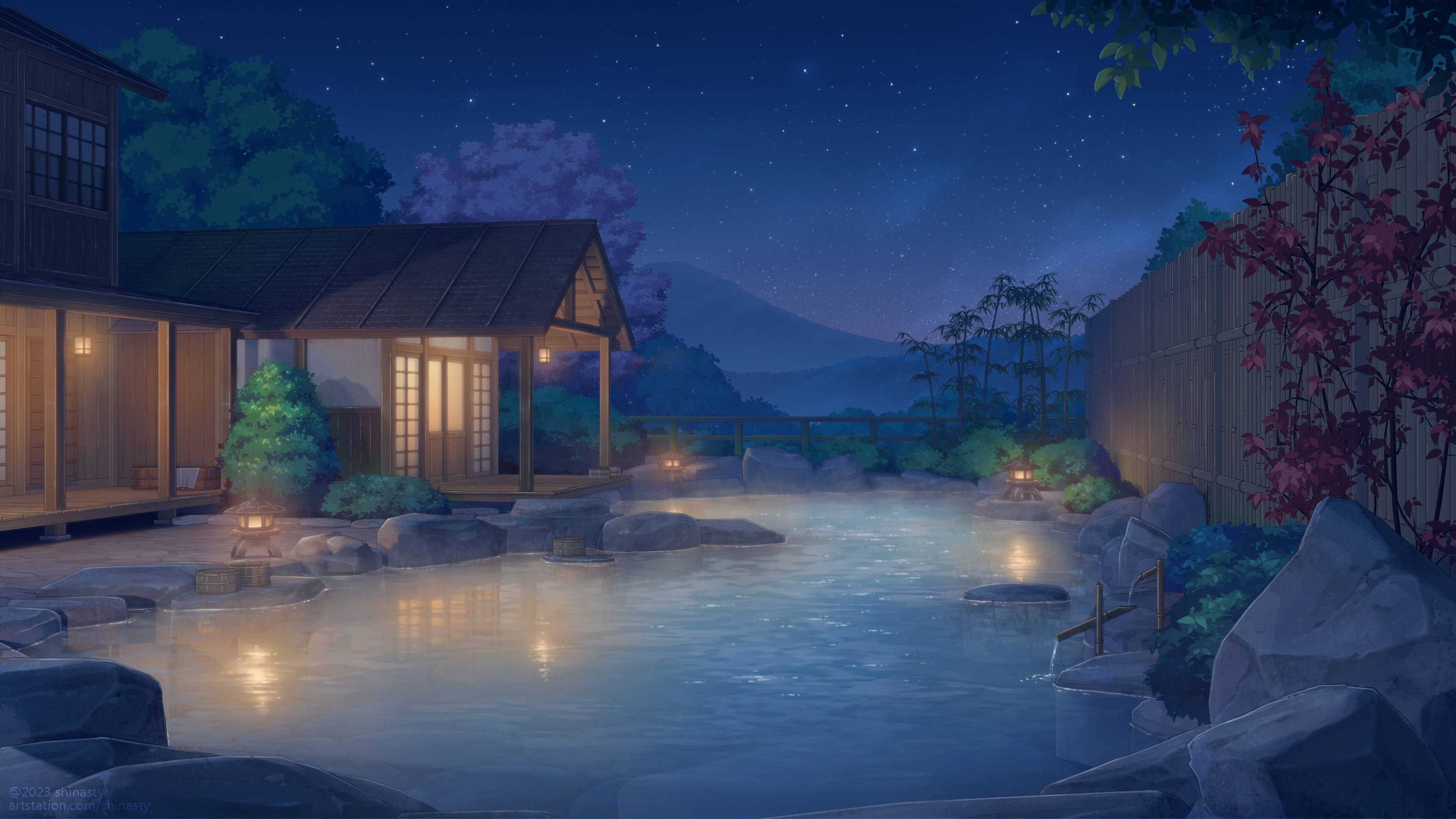 热门数字艺术 艺术作品 插图 数字绘画 夜 房屋 星星 星空 水 山 森林 竹子 温泉 高清壁纸 3840×2160