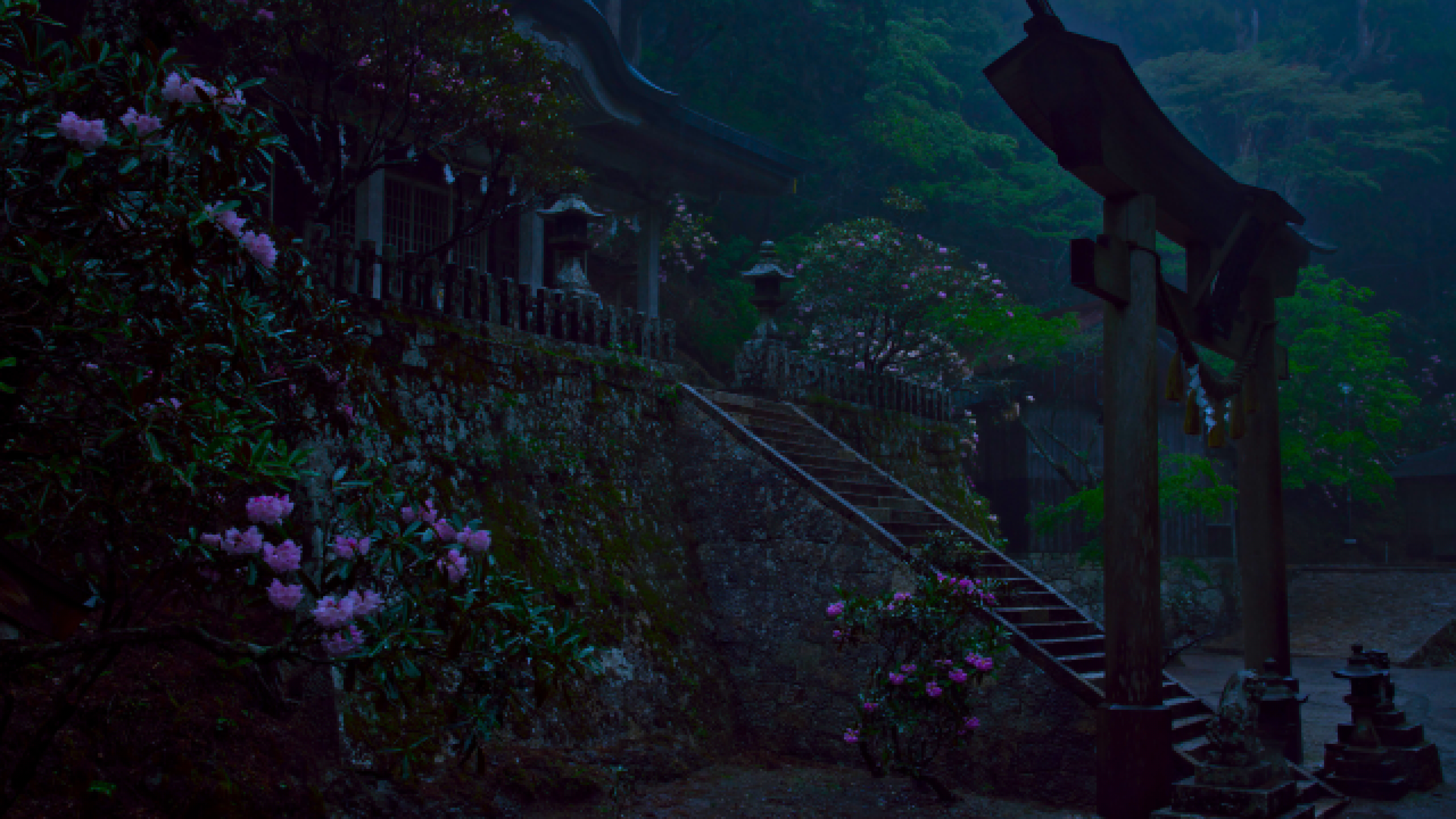绚丽自然 树木 植物 深色 粉色 花 建筑 苔藓 鸟居 神社 寺庙 低光 无水印壁纸 5120×2880