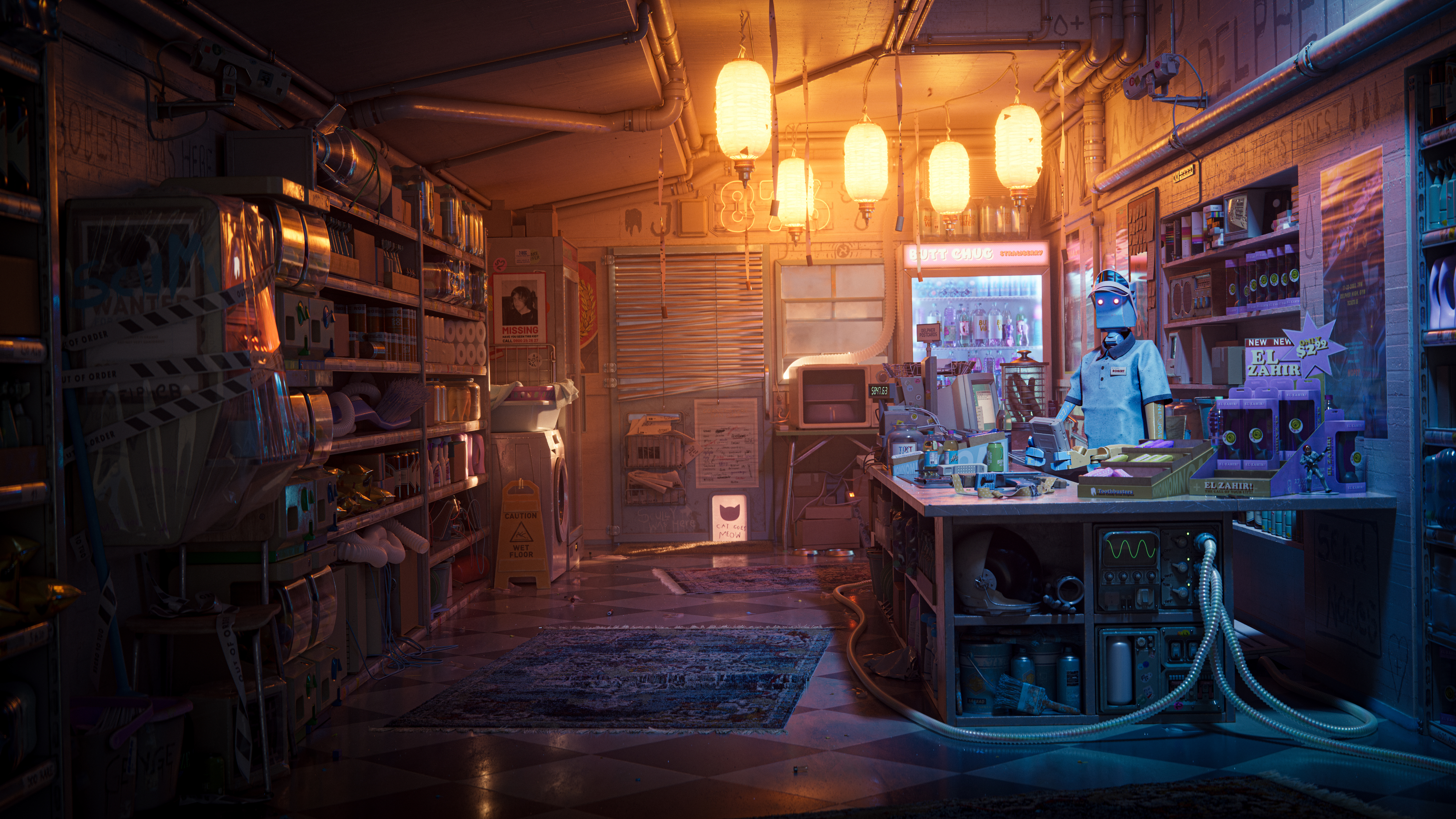 数字艺术 艺术品 CGI 机器人 室内 商店 便利店 4K壁纸 4800×2700