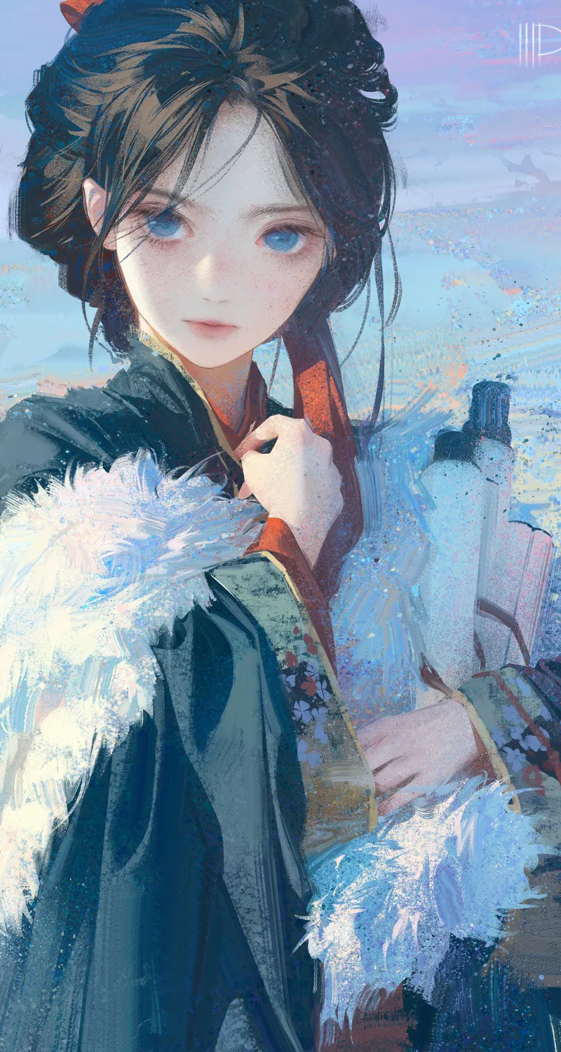 热门女性 长发 黑发 蓝眼睛 数字艺术 插图 数字 绘画 肖像 手机 高清壁纸 4961×7087