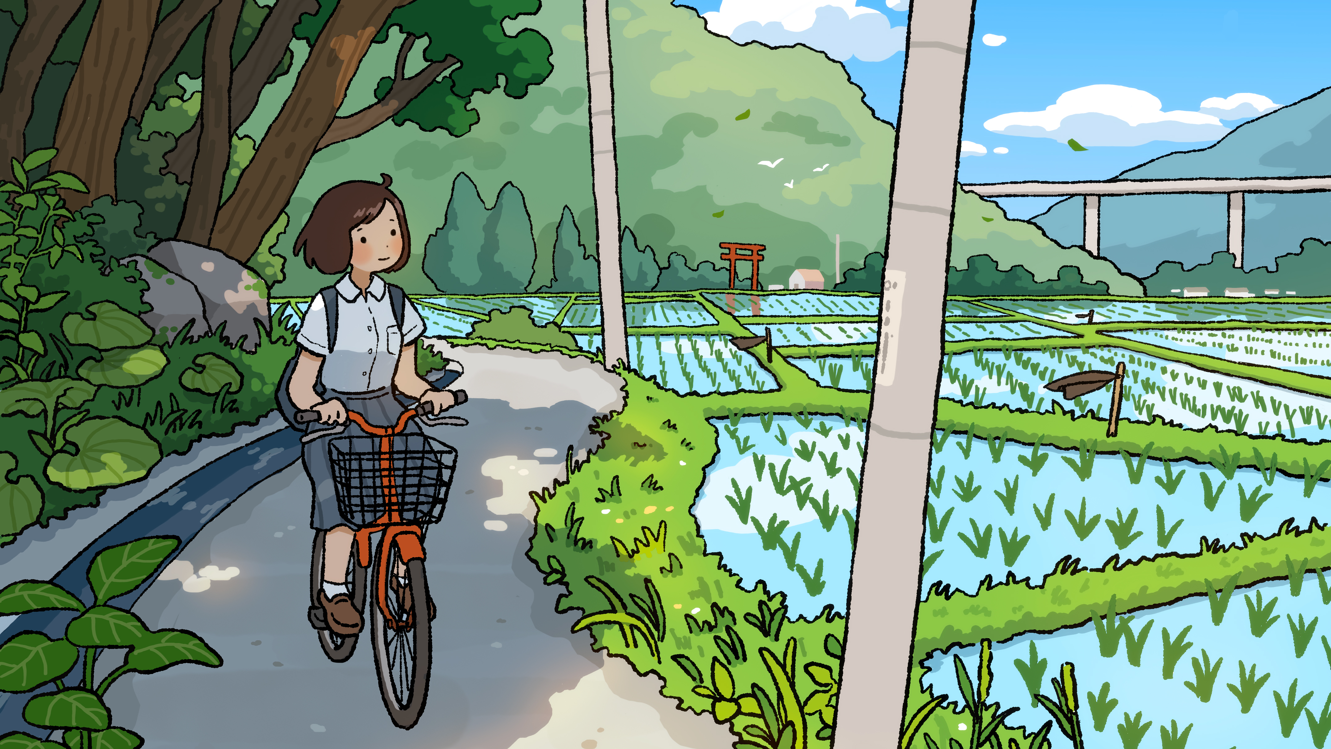 超清黑发 丸野 风景 动漫 女孩 自行车 稻田 道路 草地 自然 乡村 鸟居 户外 桌面壁纸 4297×2417