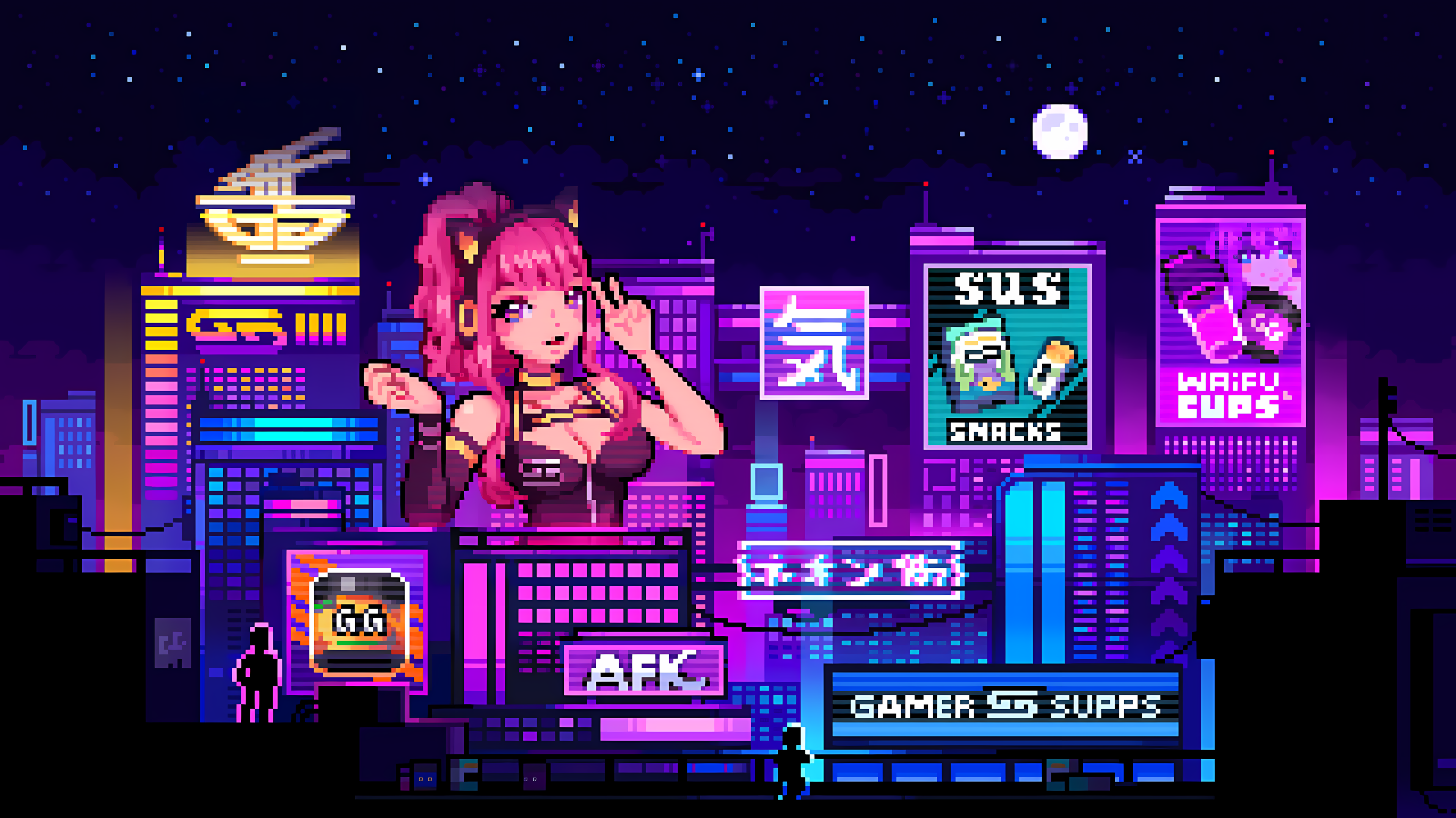 马尾辫 粉色头发 长发 城市 灯光 升级 建筑 天空 夜晚 动漫 女孩 耳机 猫耳 满月 星星 月亮 标志 像素 壁纸 3840×2160