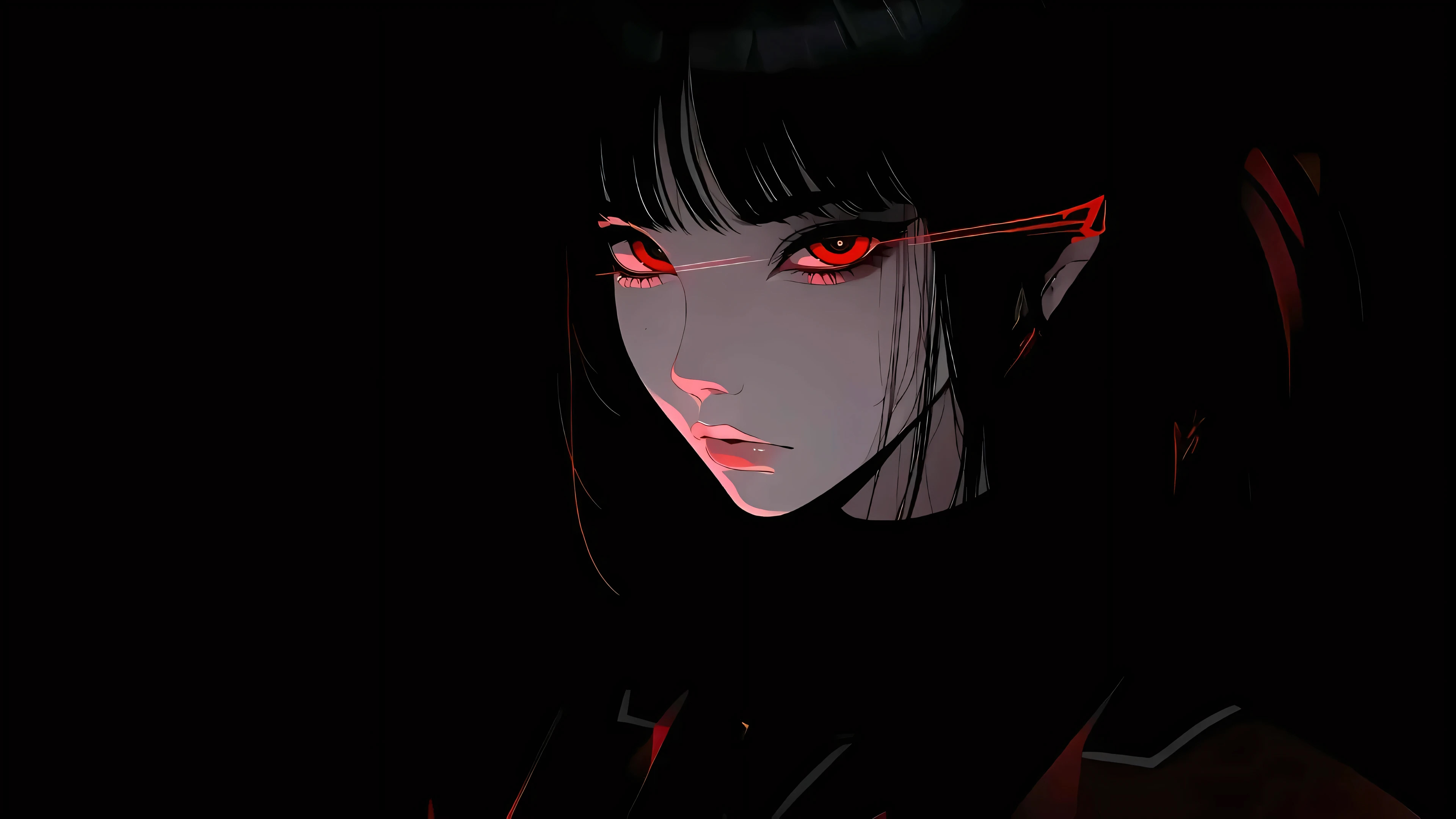 热门暗黑 少女 红色眼睛 黑色背景 回眸 回头 黑色头发 高清壁纸 3840×2160