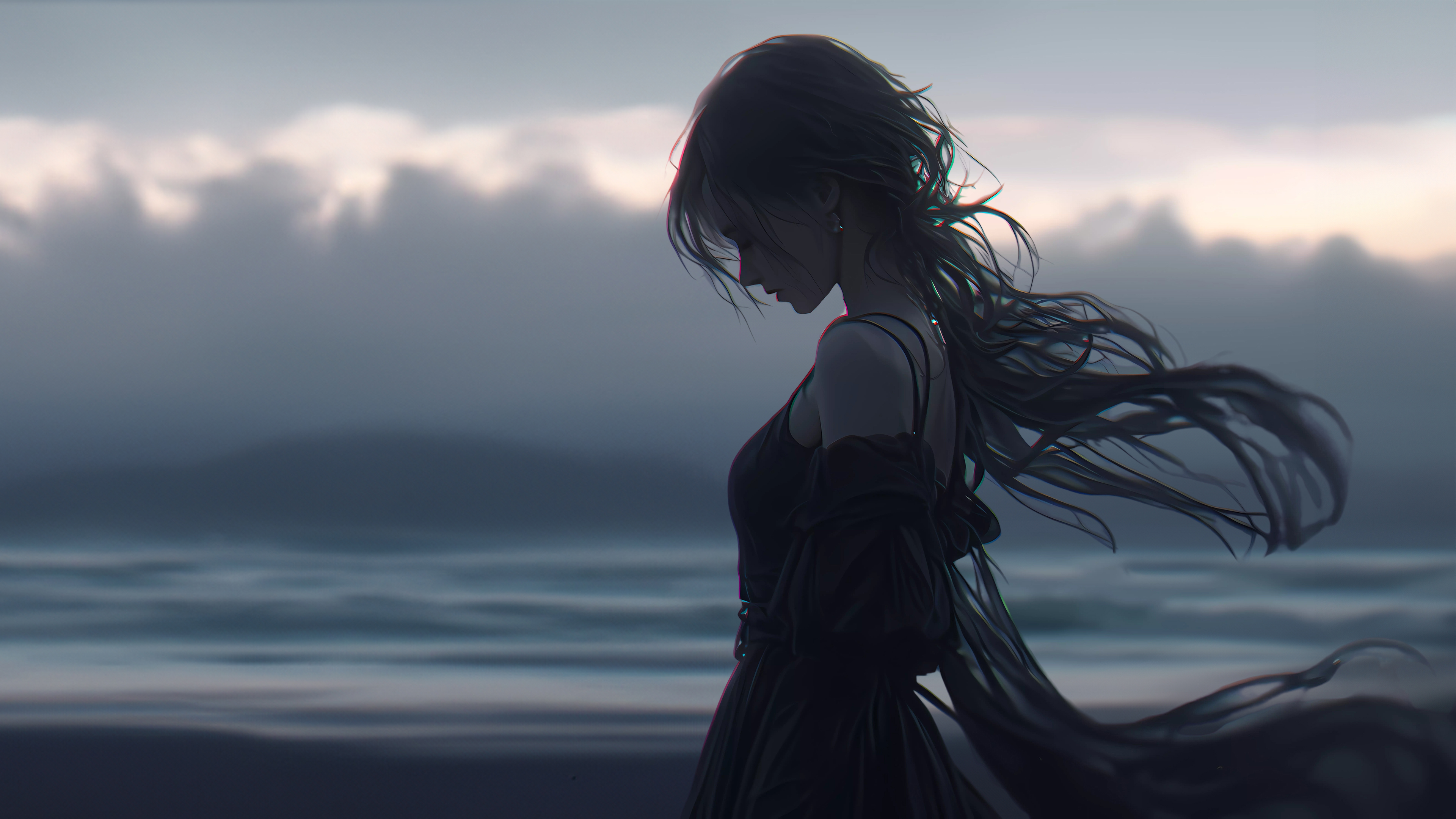 精选暗色 女孩 长发 黑色 裙子 白云 海边 侧脸 壁纸 3840×2160