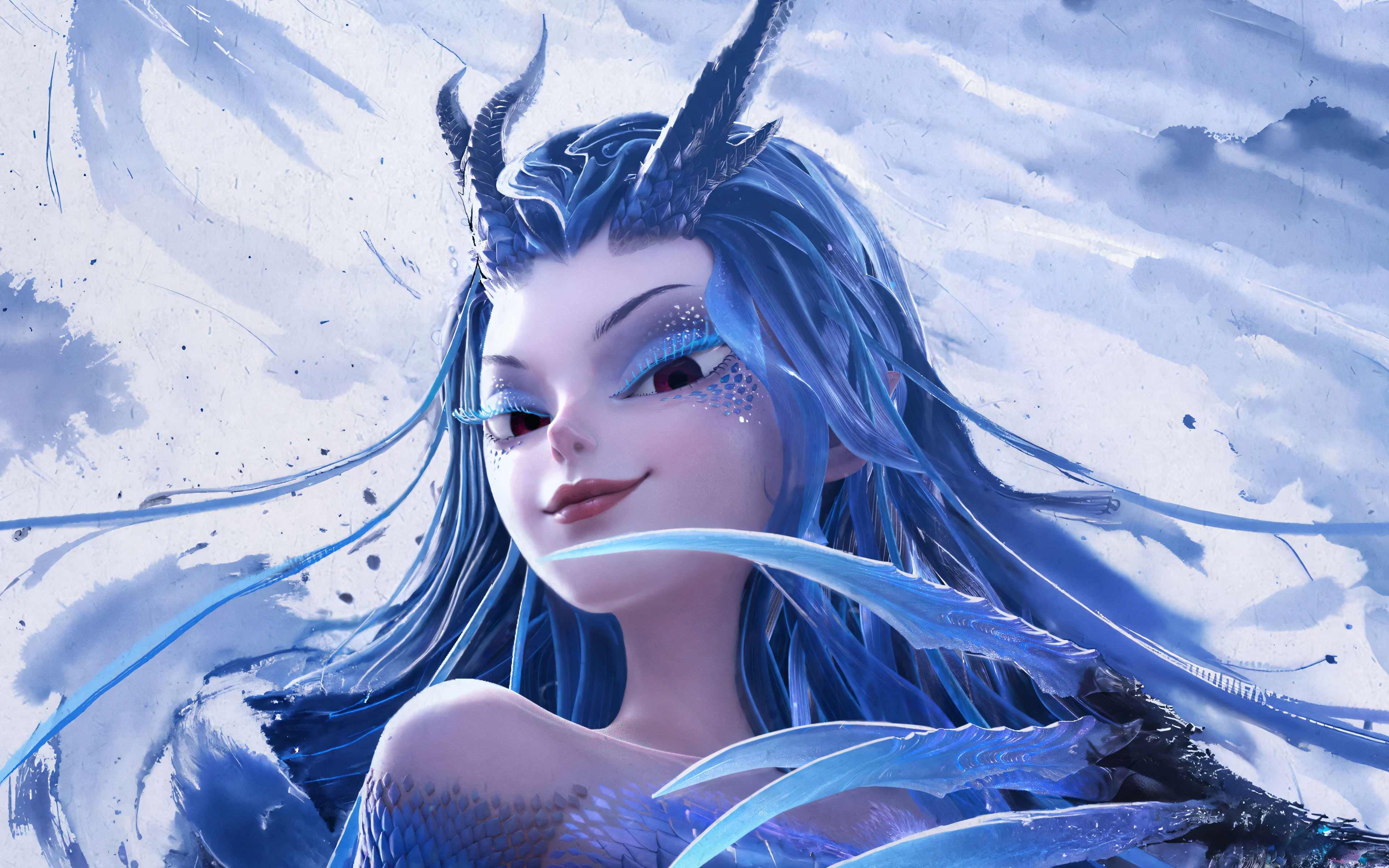 经典敖闰 哪吒 魔童闹海 水墨 海报 蓝色 龙鳞 龙角 龙爪 微笑 桌面壁纸 3840×2400