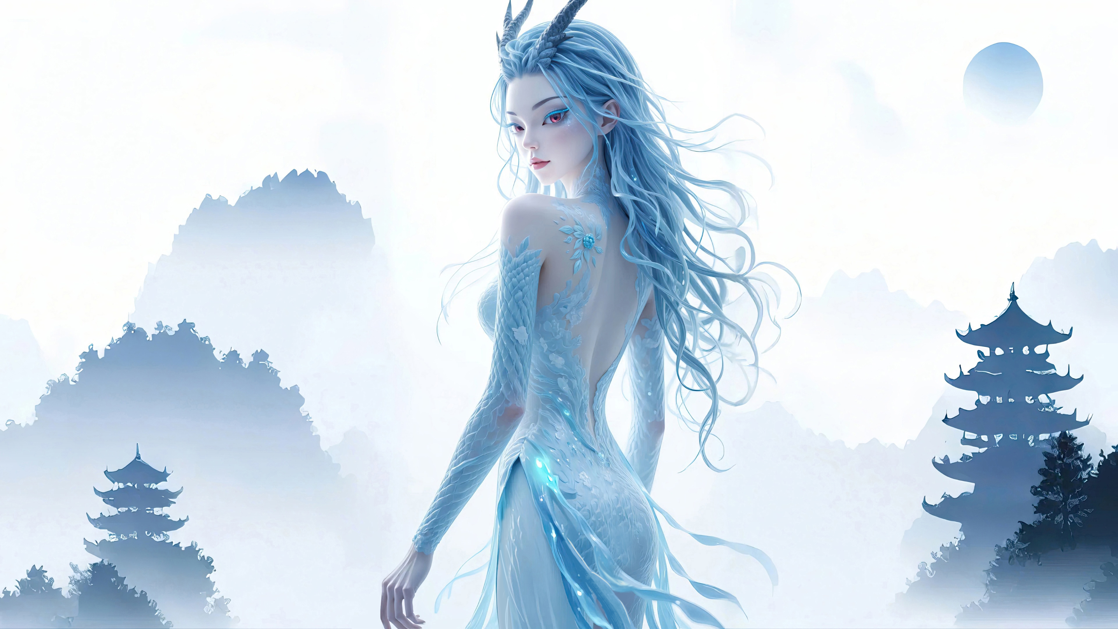 敖闰 侧身 美图 美女 龙角 龙身 站立 蓝色 哪吒 魔童闹海 桌面壁纸 3840×2160