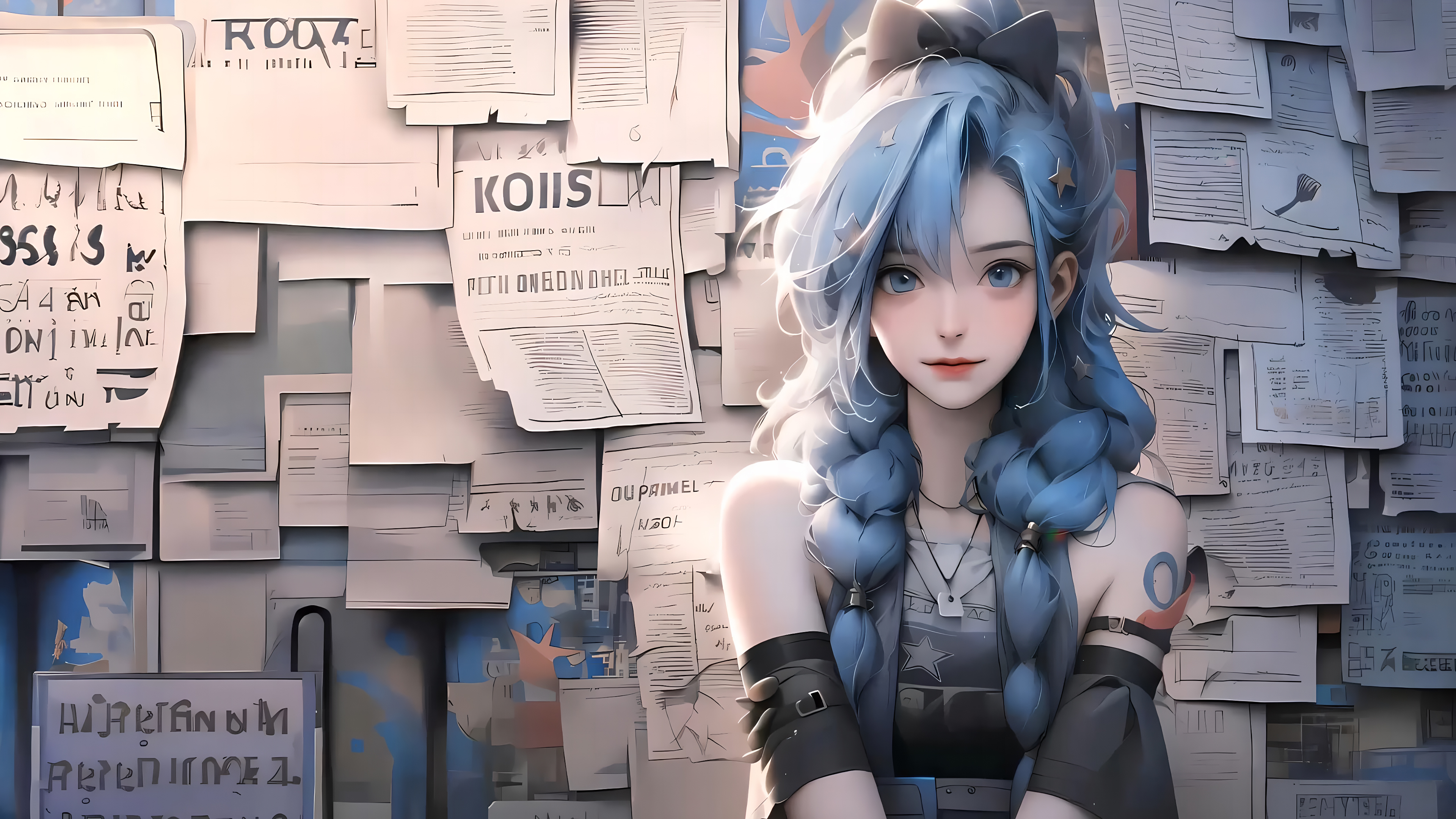 热门报纸 墙 金克丝 蓝色 双马尾 蓝色头发 蝴蝶结 高清壁纸 3840×2160