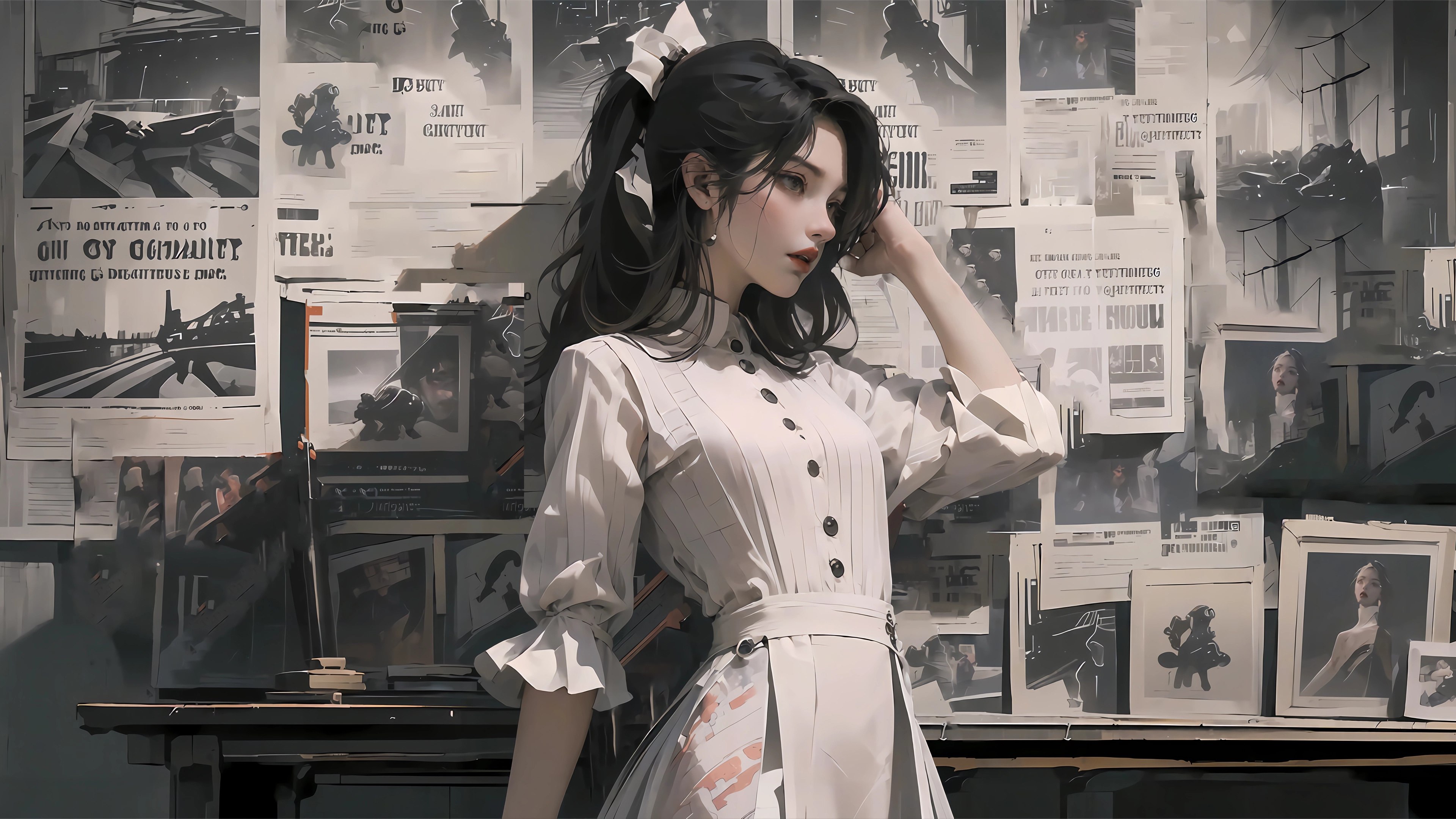 报纸 白色裙子 马尾 黑色头发 蝴蝶结 举起手臂 4K高清壁纸 3840×2160