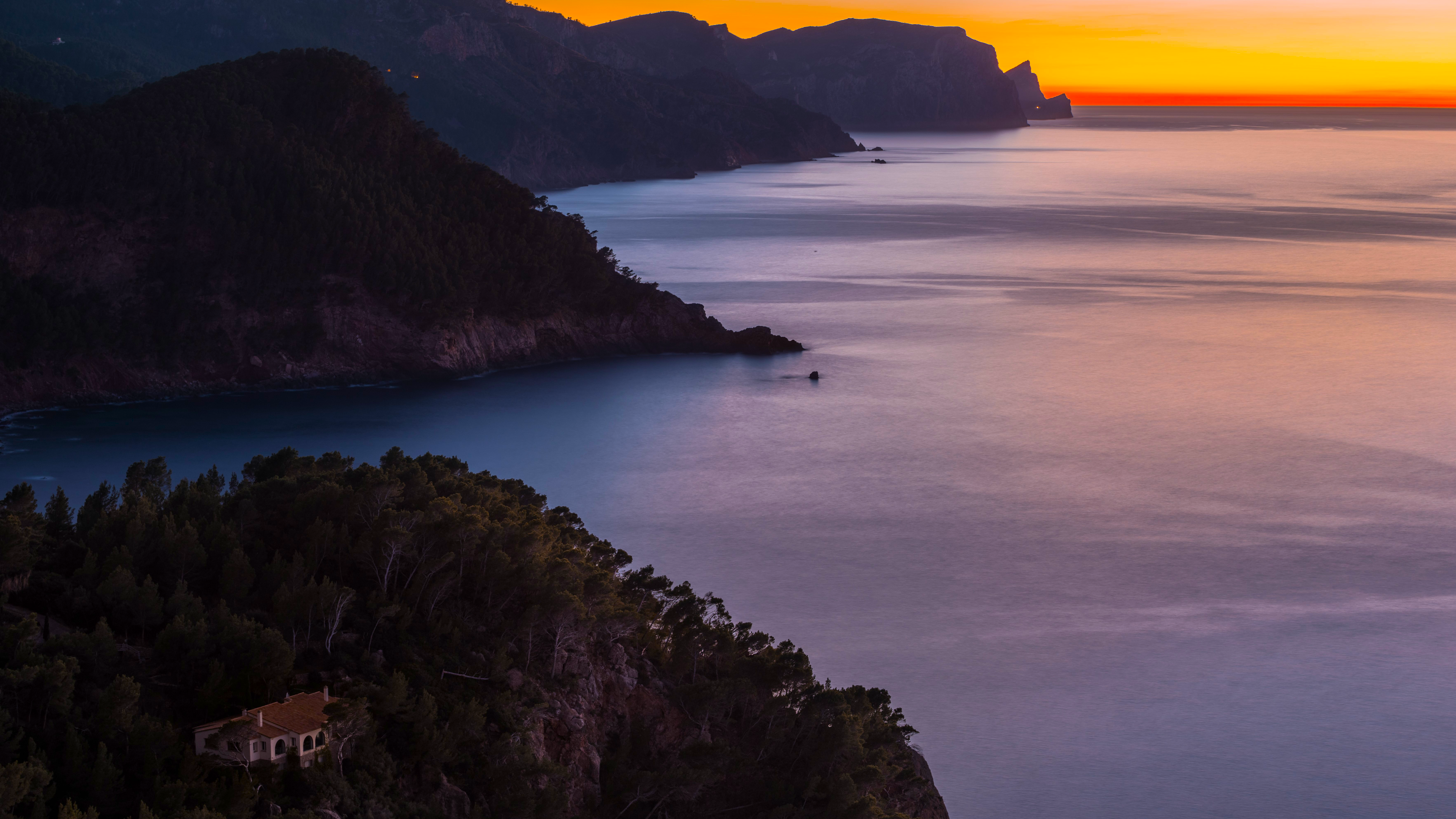 自然 风景 山脉 水面 海岸 天空 树木 黎明 远景 大海 豪宅 夕阳 壁纸 3840×2160