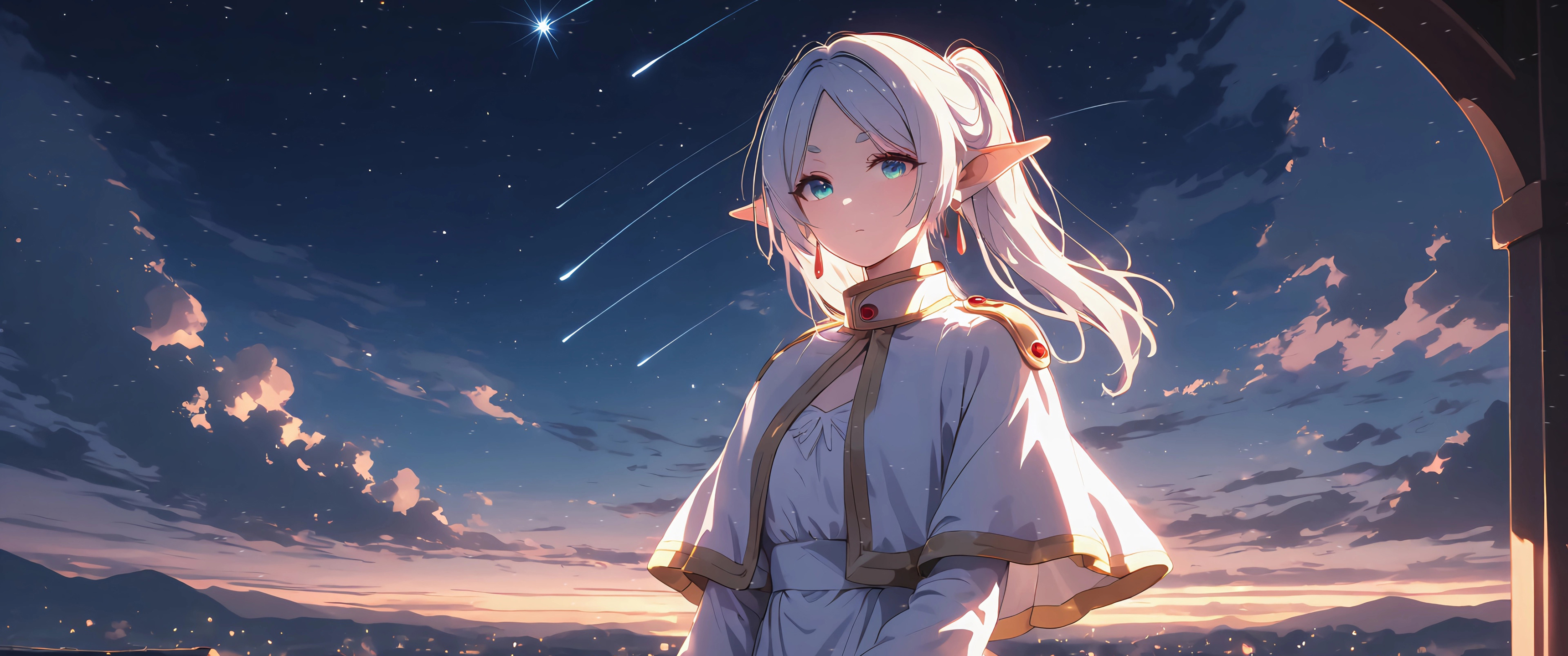芙莉莲 星光 精灵耳朵 尖耳朵 马尾 白色头发 带鱼屏 2K 壁纸 3440×1440