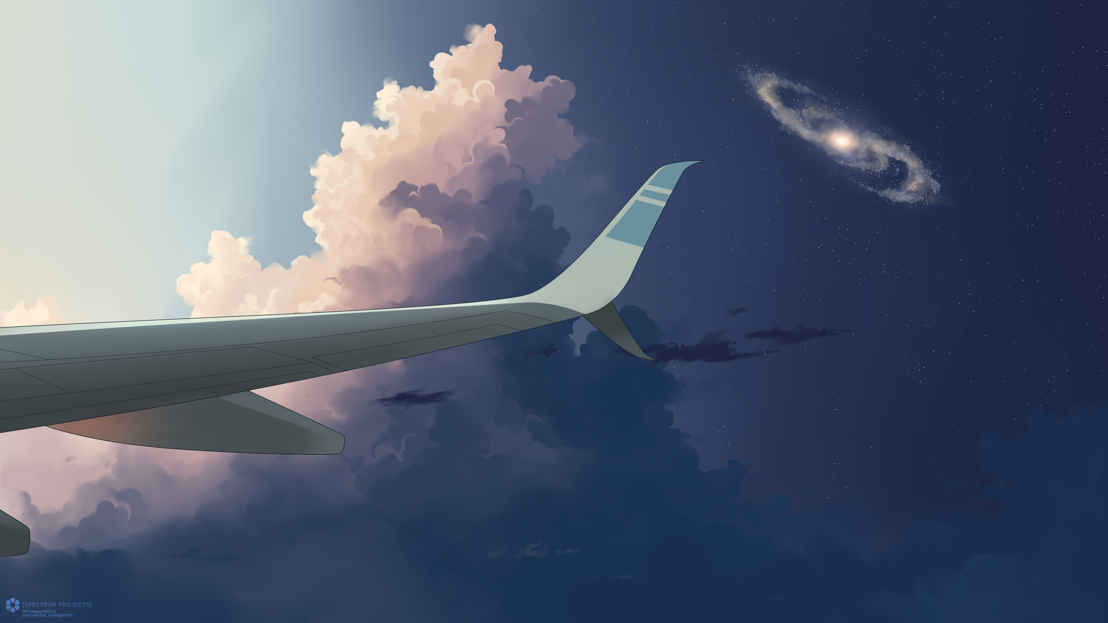 数字绘画 天空 云朵 星星 飞机 机翼 飞行 壁纸 3840×2160
