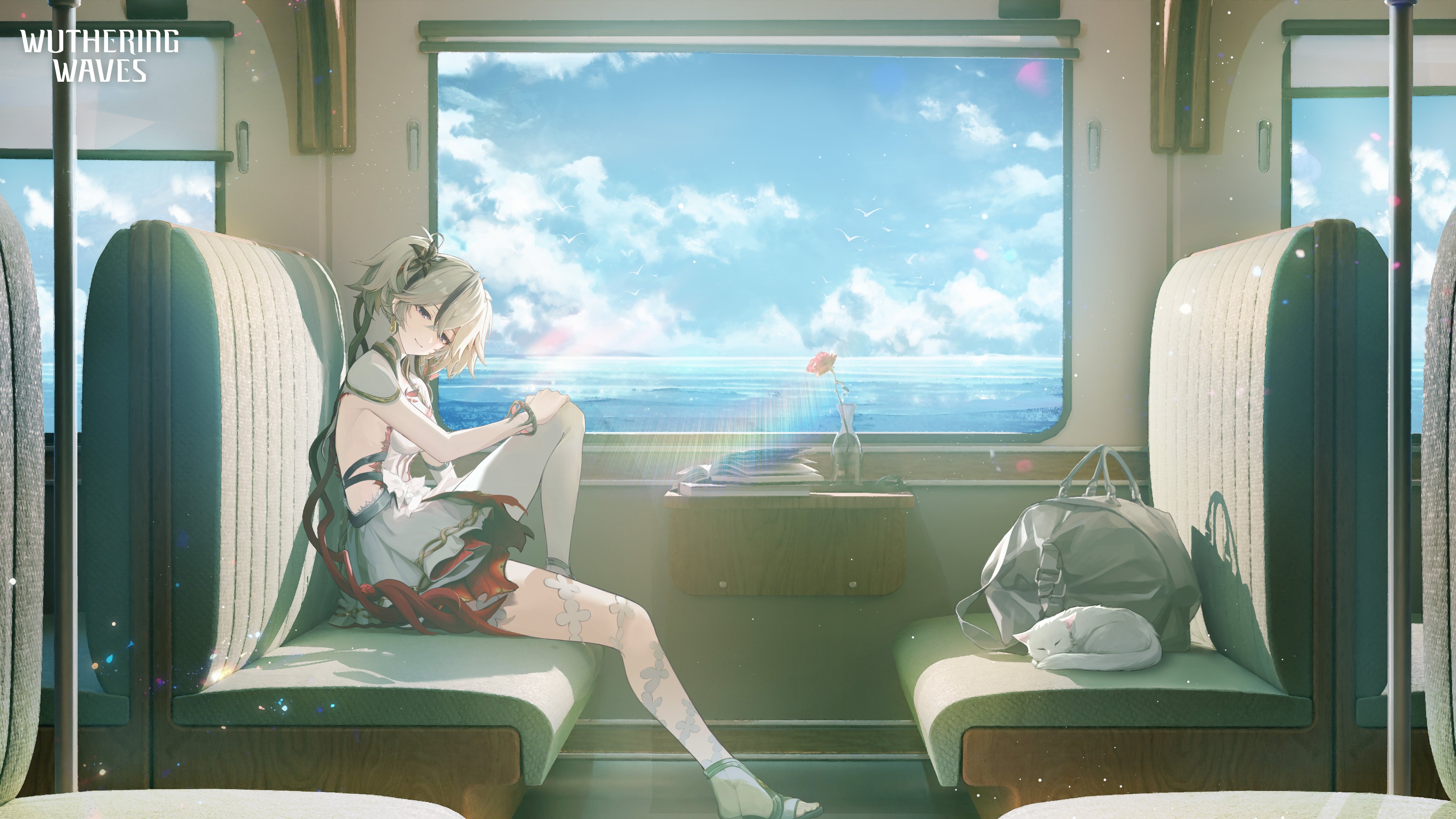 精选电子 游戏 角色 女孩 白发 呼啸波 猫咪 火车 晴朗 天空 云朵 白色丝袜 连衣裙 双胞胎 头饰 旅行包 壁纸 4096×2304