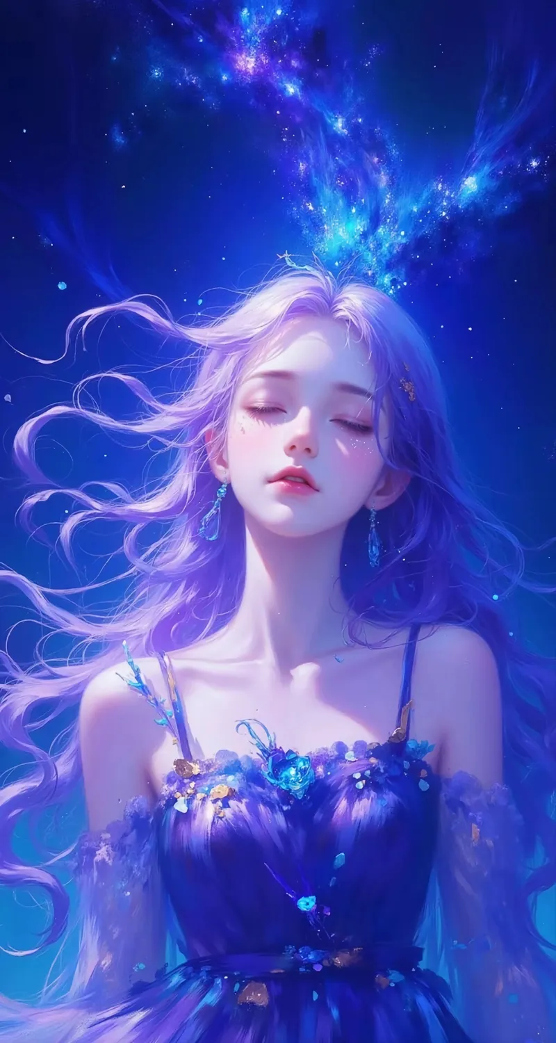 蓝色 梦幻 唯美 星空 美少女 动漫 4k 手机1080P 壁纸 2040×3840