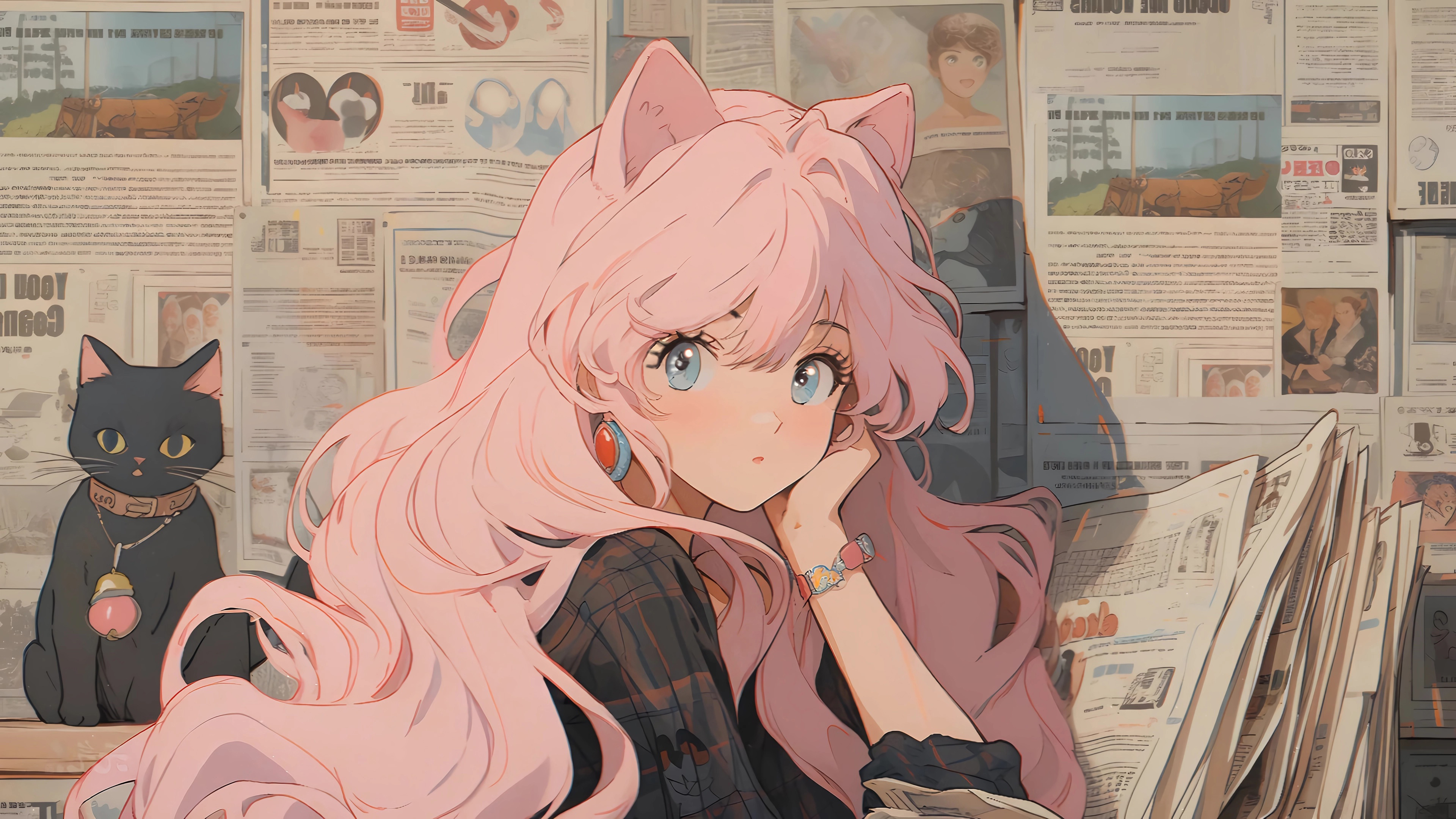 热门女仆 兽耳 少女 托腮 报纸墙 粉色头发 长发 卷发 高清壁纸 3840×2160