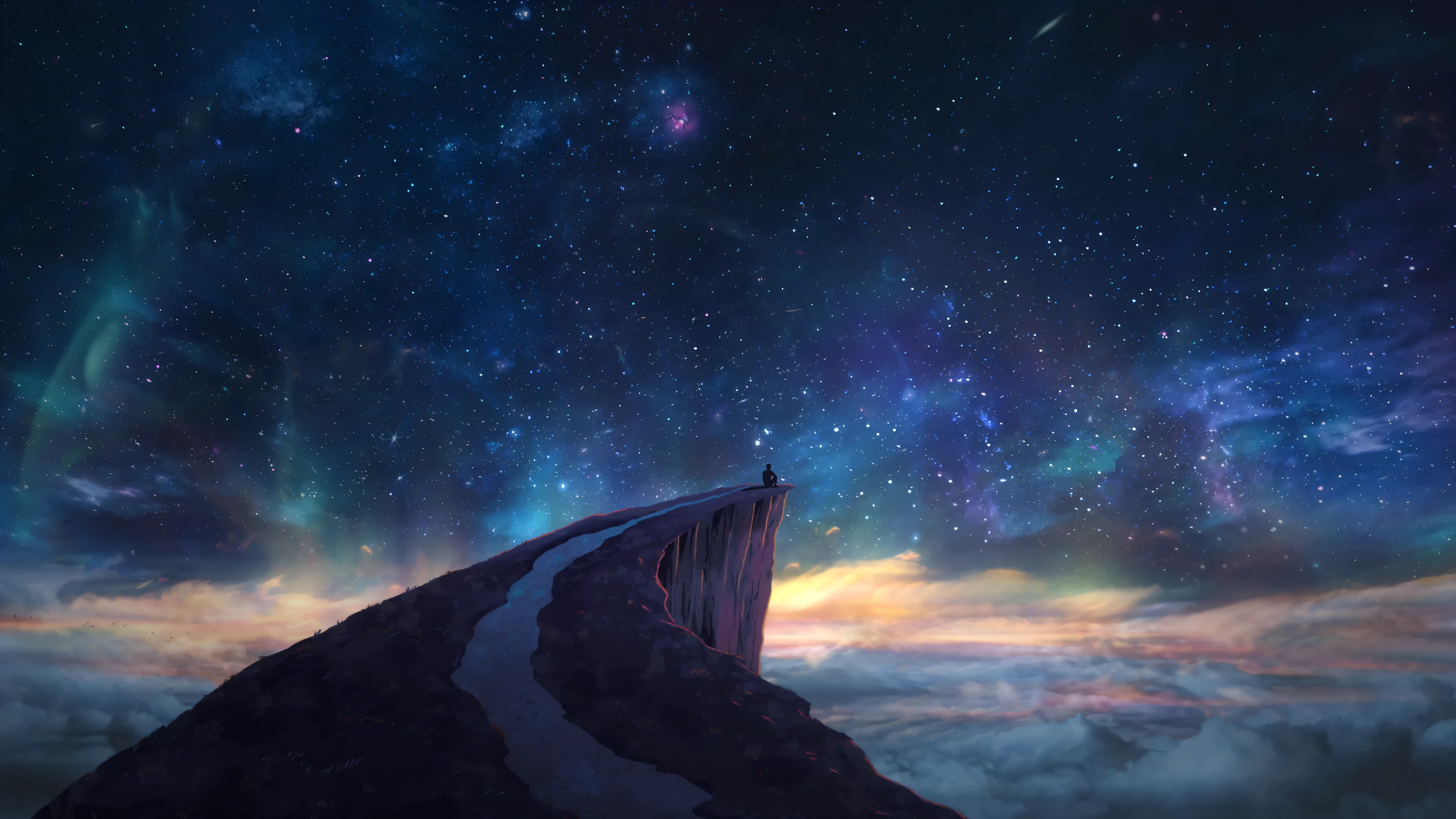 星空 山顶 一个人 梦幻 唯美 风景 高清壁纸 3840×2160