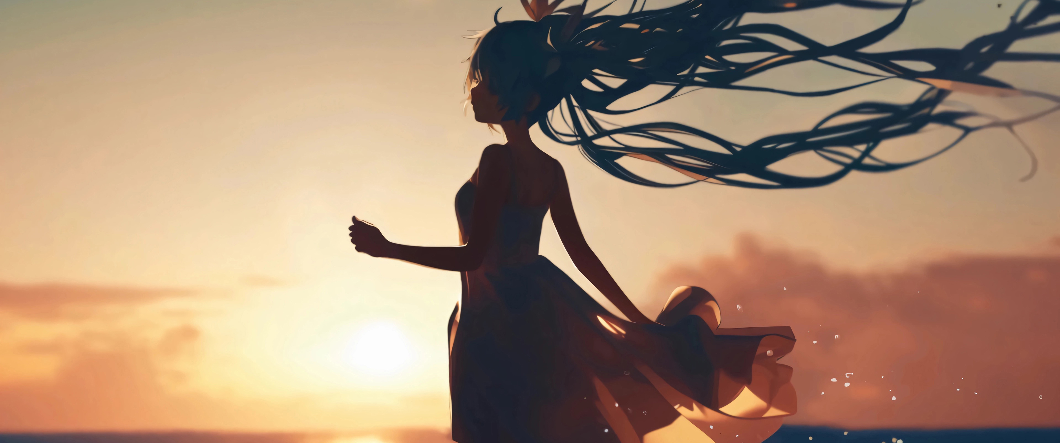 经典黄昏 大海 初音未来 带鱼屏 2K 壁纸 3440×1440
