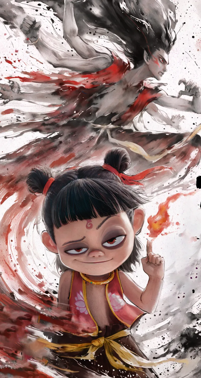 哪吒 魔童闹海 水墨 海报 5K 手机图片 手机2K 4K高清壁纸 2598×5626