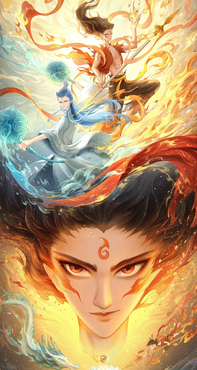 哪吒 敖丙 高清 手绘 插画 图片 手机 壁纸 1767×3840