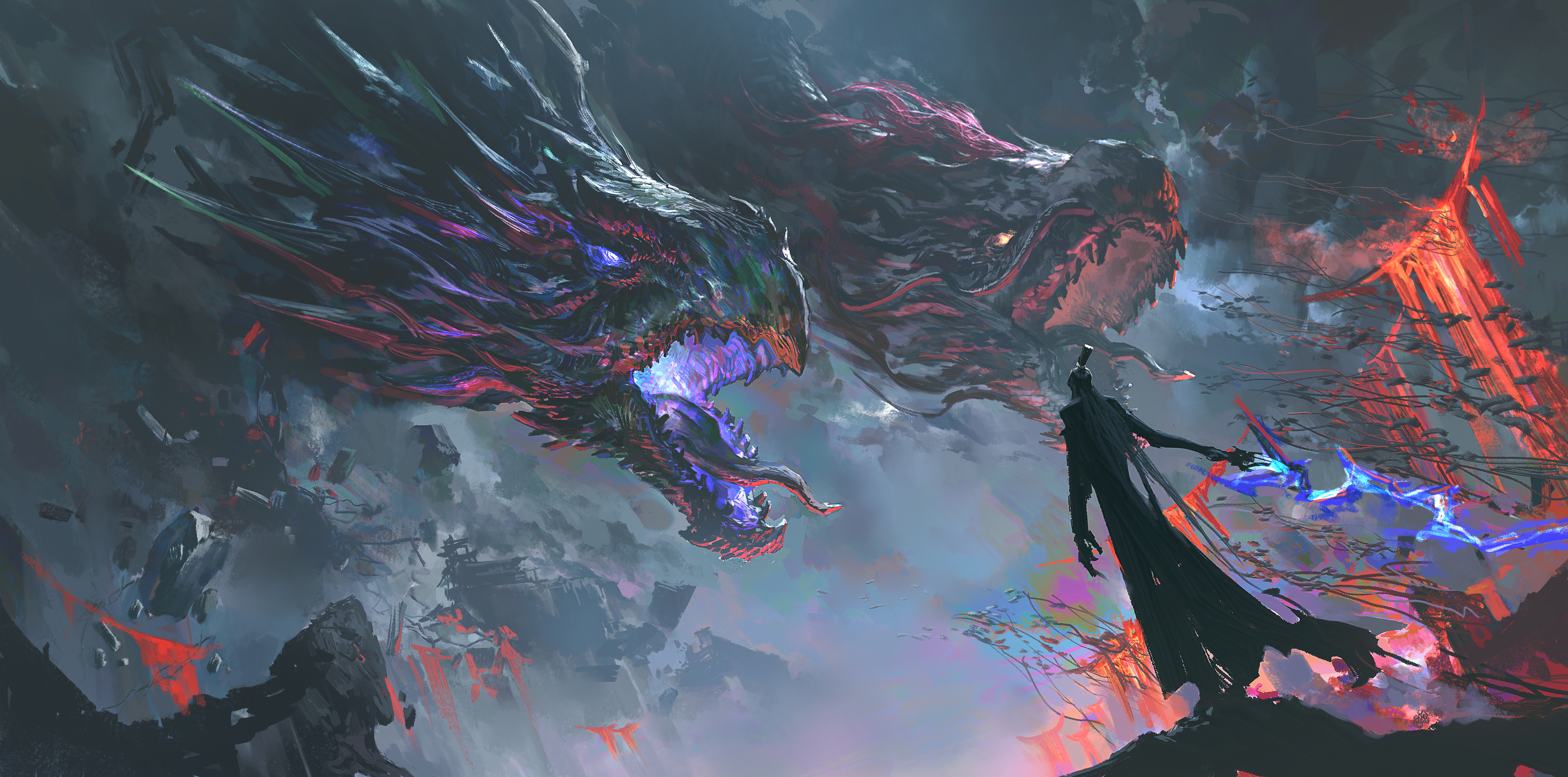 申公豹 龙 绘画 4K哪吒 魔童闹海 壁纸 4845×2400