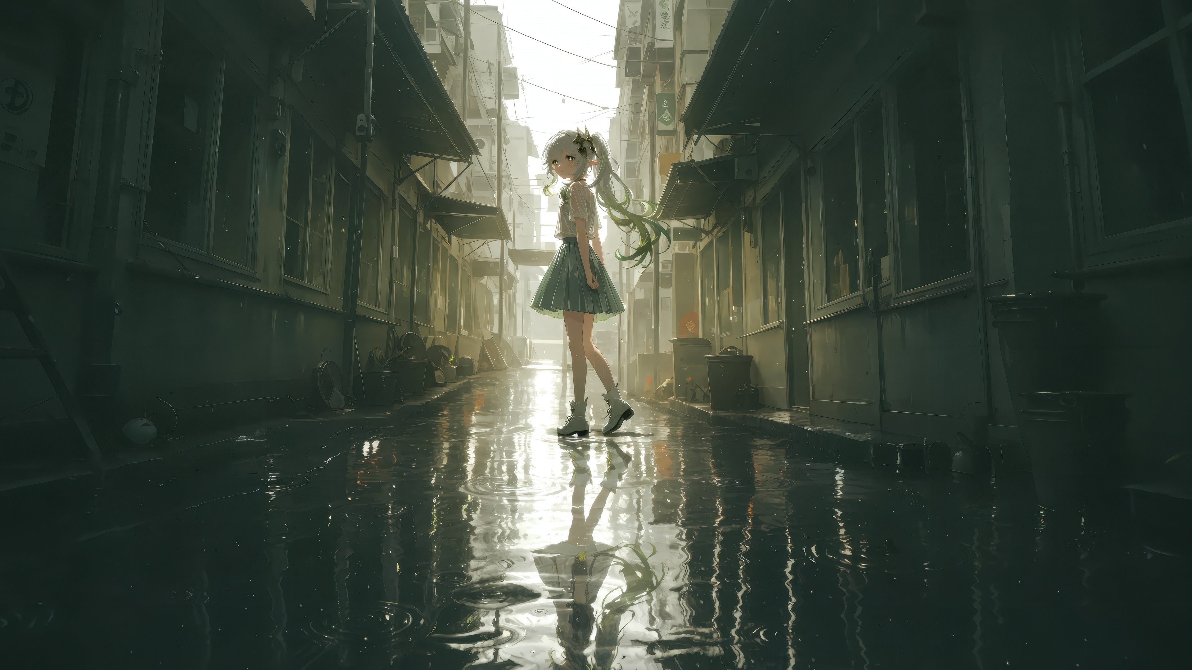 原神 纳西妲 雨后 街道 女孩 倒影 水面 积水 双马尾 小巷 4K高清壁纸 3840×2160