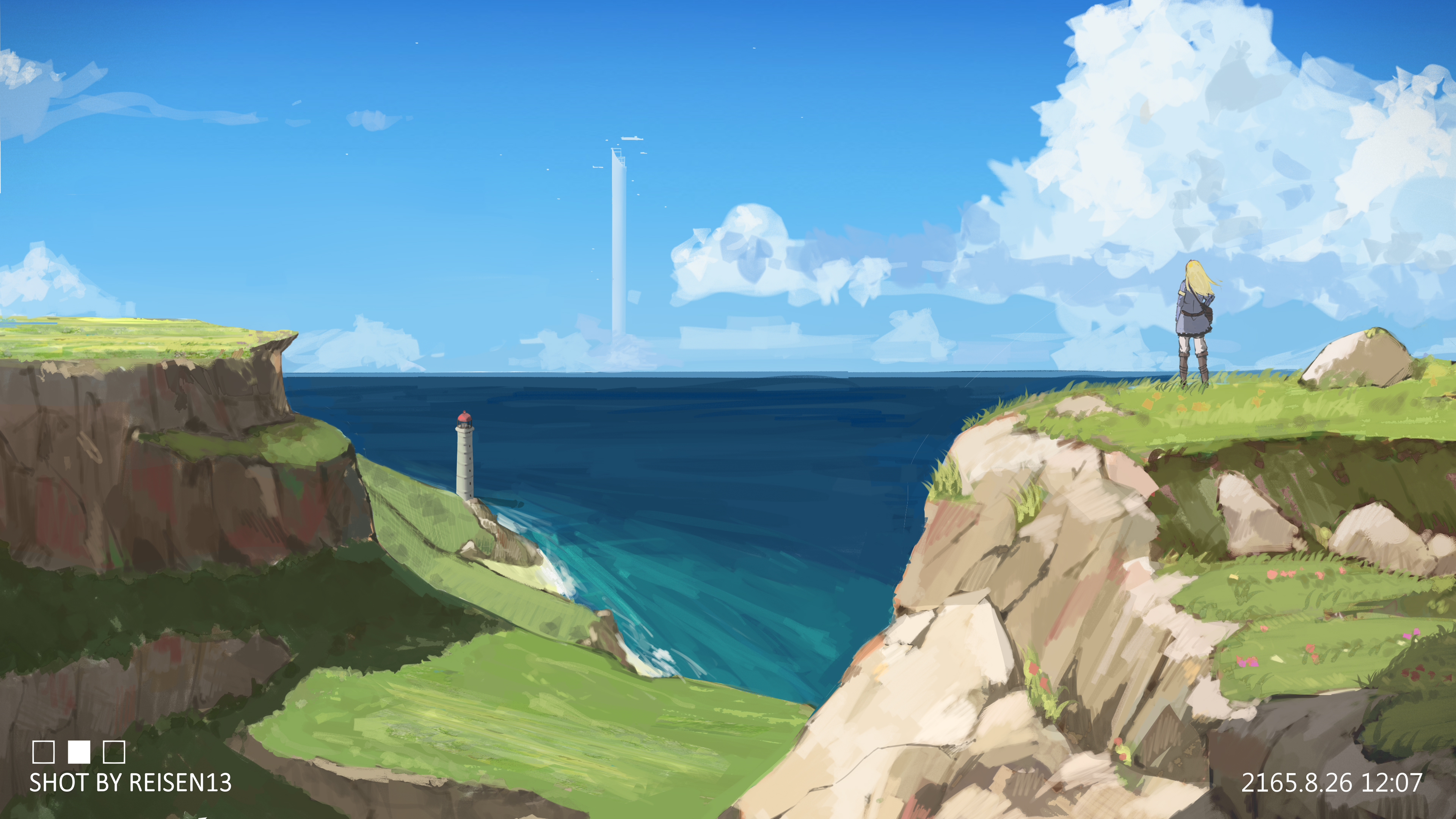 雷森 大海 灯塔 少女 女孩 云海 草地 眺望 壁纸 3840×2160